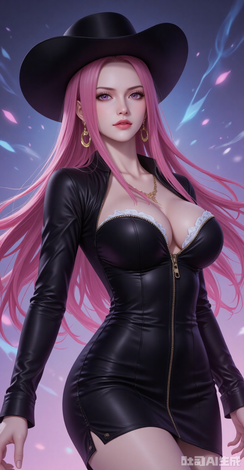 lvjing,Jewelry Bonney\(one piece\),Jewelry Bonney\(one piece\),pink hair,purple eyes,hat,long hair,sharp eyes,
1girl,solo,breasts,cleavage,dress,large breasts,black dress,cowboy shot,partially unzipped,short dress,zipper,looking at viewer,long sleeves,simple background,arms at sides,

cover,simple background,gradient_background,Close-up details,outstanding style,adding a touch of dimension to your images without compromising details,close-up,
