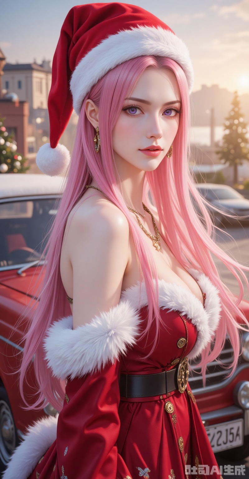 lvjing,Jewelry Bonney\(one piece\),Jewelry Bonney\(one piece\),pink hair,purple eyes,hat,long hair,sharp eyes,
1girl,solo,jewelry,hat,santa hat,fur trim,breasts,looking at viewer,blurry background,blurry,red dress,dress,earrings,backless outfit,back,detached sleeves,backless dress,christmas,bare shoulders,from behind,median furrow,large breasts,looking back,necklace,outdoors,parted lips,fur-trimmed sleeves,red headwear,car,lips,fur-trimmed dress,bare back,depth of field,dutch angle,santa costume,motor vehicle,
cover,simple background,gradient_background,Close-up details,outstanding style,adding a touch of dimension to your images without compromising details,close-up,
