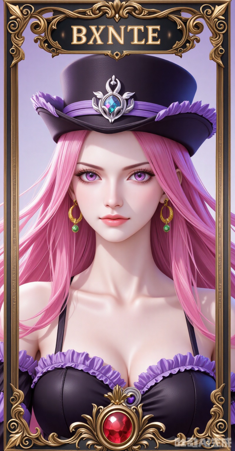 lvjing,Jewelry Bonney\(one piece\),Jewelry Bonney\(one piece\),pink hair,purple eyes,hat,long hair,sharp eyes,
1girl,solo,earrings,jewelry,looking at viewer,breasts,tarot,collarbone,upper body,dress,closed mouth,card \(medium\),tarot \(medium\),frills,border,

cover,simple background,gradient_background,Close-up details,outstanding style,adding a touch of dimension to your images without compromising details,close-up,

