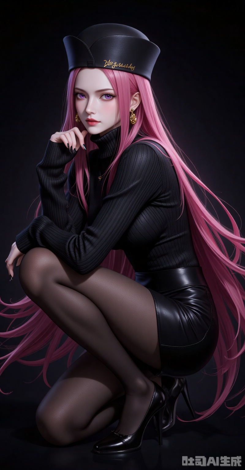 lvjing,Jewelry Bonney\(one piece\),Jewelry Bonney\(one piece\),pink hair,purple eyes,hat,long hair,sharp eyes,
1girl,solo,pantyhose,high heels,looking at viewer,black footwear,squatting,sweater,quad tails,full body,parted lips,black sweater,earrings,signature,black nails,long sleeves,parted bangs,jewelry,pencil skirt,skirt,bangs,turtleneck,nail polish,black pantyhose,dress,(Black background:1.2),simple background,
cover,simple background,gradient_background,Close-up details,outstanding style,adding a touch of dimension to your images without compromising details,close-up,
