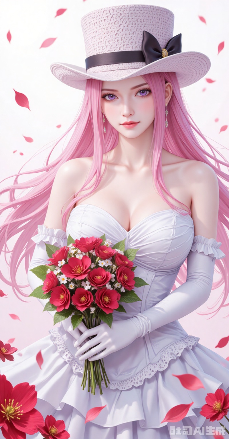 lvjing,Jewelry Bonney\(one piece\),Jewelry Bonney\(one piece\),pink hair,purple eyes,hat,long hair,sharp eyes,
elbow_gloves,frilled_skirt,holding_bouquet,highres,cherry_blossoms,strapless_dress,white_gloves,looking_at_viewer,red_flower,solo,collarbone,own_hands_together,:d,white_background,backlighting,black_bow,bare_shoulders,frilled_dress,hair_bow,wedding_dress,commentary_request,1girl,petals,simple_background,blush,cowboy_shot,
cover,simple background,gradient_background,Close-up details,outstanding style,adding a touch of dimension to your images without compromising details,close-up,
