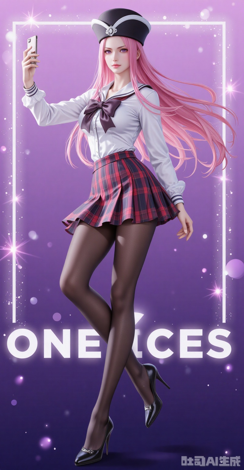 lvjing,Jewelry Bonney\(one piece\),Jewelry Bonney\(one piece\),pink hair,purple eyes,hat,long hair,sharp eyes,
1girl, pantyhose, solo, school uniform, skirt, phone, selfie, cellphone, serafuku, smartphone, holding phone, black pantyhose, high heels, full body, holding, bow, crossed legs, standing, 3/4 view,
cover,simple background,gradient_background,Close-up details,outstanding style,adding a touch of dimension to your images without compromising details,close-up,
