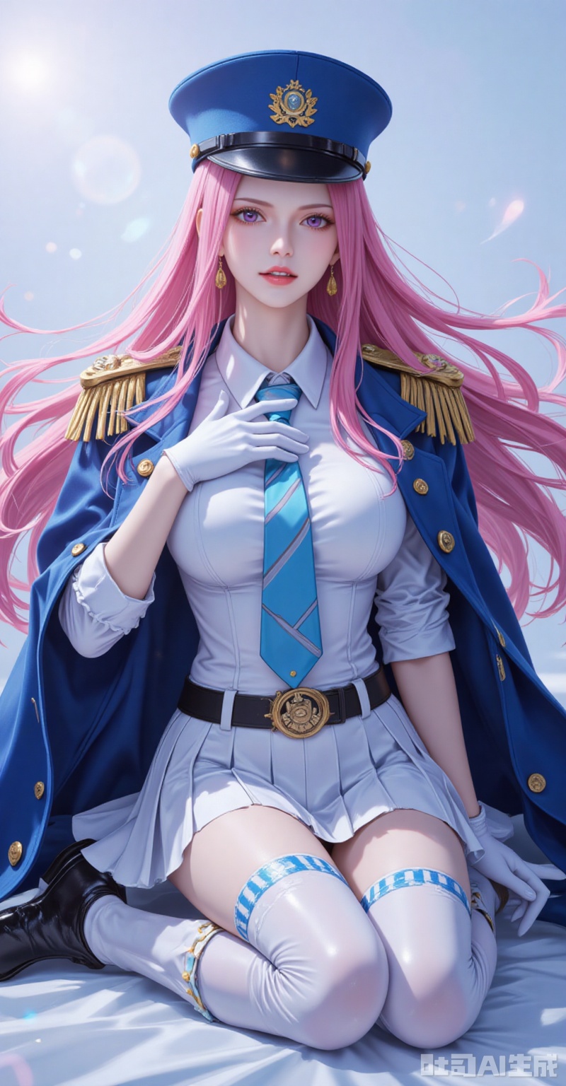 lvjing,Jewelry Bonney\(one piece\),Jewelry Bonney\(one piece\),pink hair,purple eyes,hat,long hair,sharp eyes,
1girl,:d,absurdres,black_belt,black_footwear,blue_coat,blue_hat,blue_jacket,blue_necktie,blush,breasts,coat_on_shoulders,collared_shirt,commentary,diesel_\(nikke\),hair_between_eyes,hand_on_own_chest,highres,knee_boots,long_hair,looking_at_viewer,military_hat,military_uniform,open_mouth,peaked_cap,pleated_skirt,pouch,seiza,sidelocks,skindentation,solo,striped_necktie,thigh_belt,thigh_strap,triangle_earrings,upper_teeth_only,white_gloves,white_shirt,white_skirt,

cover,simple background,gradient_background,Close-up details,outstanding style,adding a touch of dimension to your images without compromising details,close-up,
