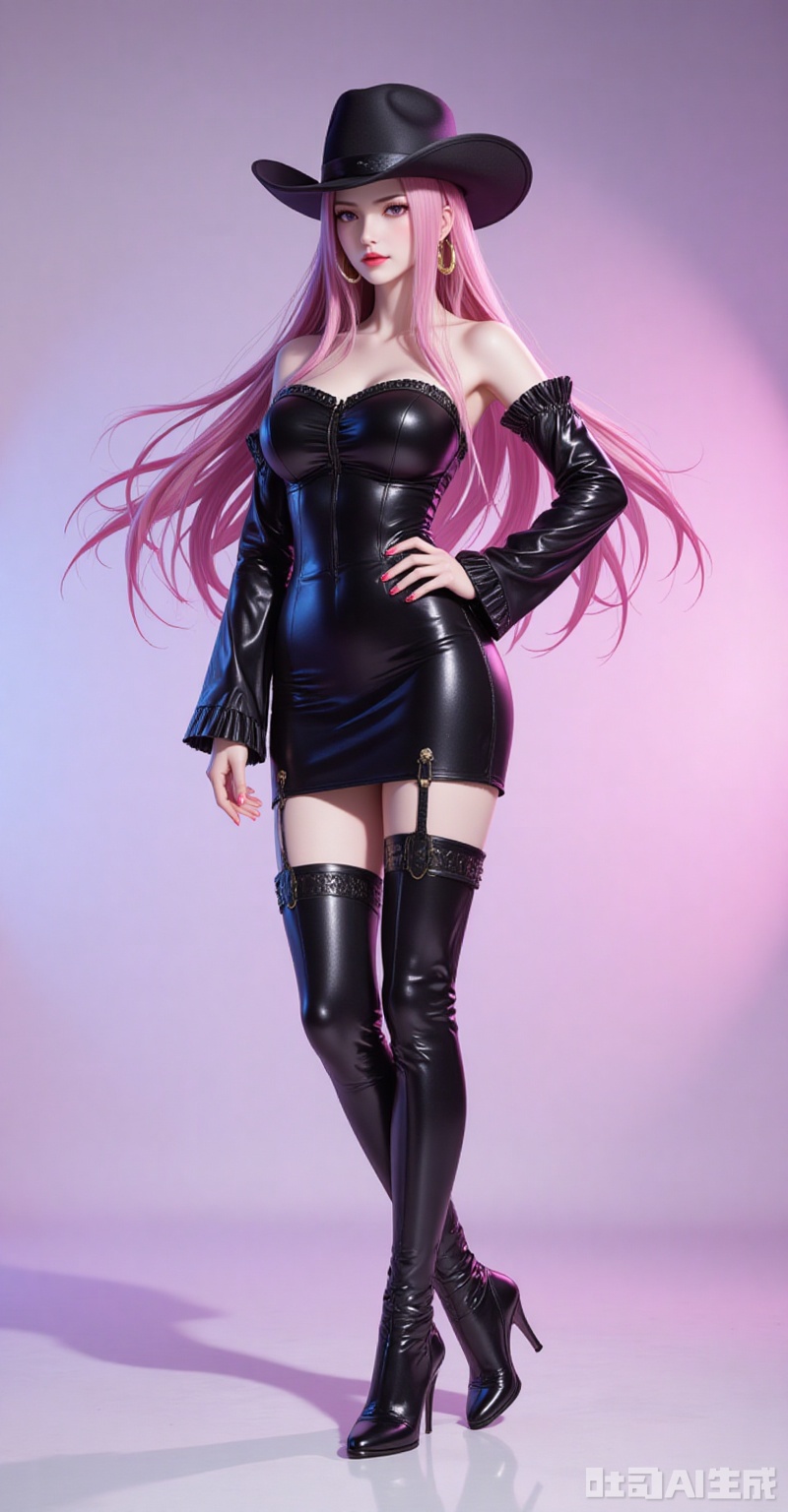 lvjing,Jewelry Bonney\(one piece\),Jewelry Bonney\(one piece\),pink hair,purple eyes,hat,long hair,sharp eyes,
1girl,solo,dress,earrings,jewelry,black hair,boots,long hair,hand on own hip,thigh boots,full body,black footwear,latex,black dress,detached sleeves,bare shoulders,strapless,short dress,thighhighs,shiny clothes,looking at viewer,strapless dress,standing,hoop earrings,breasts,red lips,nail polish,high heels,leather,pencil dress,high heel boots,

cover,simple background,gradient_background,Close-up details,outstanding style,adding a touch of dimension to your images without compromising details,close-up,
