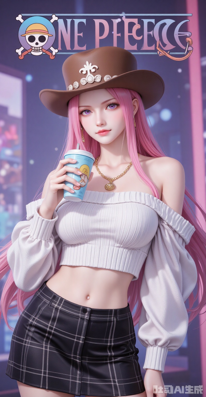 lvjing,Jewelry Bonney\(one piece\),Jewelry Bonney\(one piece\),pink hair,purple eyes,hat,long hair,sharp eyes,
1girl,solo,skirt,off shoulder,off-shoulder sweater,jewelry,white sweater,necklace,cup,bare shoulders,holding,sweater,disposable cup,breasts,black skirt,plaid skirt,collarbone,plaid,blurry background,crop top,holding cup,blurry,midriff,long sleeves,large breasts,
cover,simple background,gradient_background,Close-up details,outstanding style,adding a touch of dimension to your images without compromising details,close-up,
