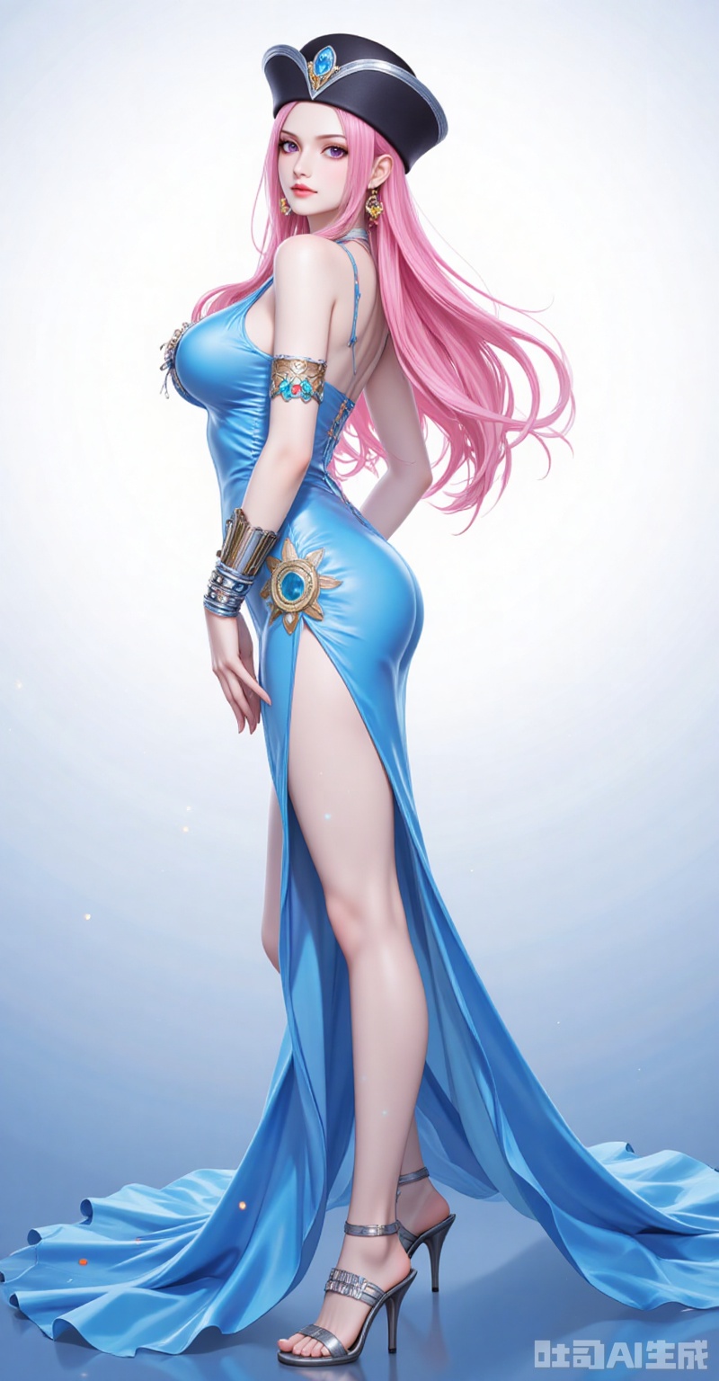 lvjing,Jewelry Bonney\(one piece\),Jewelry Bonney\(one piece\),pink hair,purple eyes,hat,long hair,sharp eyes,
1girl,dress,solo,high heels,blue dress,jewelry,breasts,full body,earrings,backless dress,standing,from side,legs,backless outfit,bare shoulders,ass,looking at viewer,armlet,sandals,bare legs,side slit,

cover,simple background,gradient_background,Close-up details,outstanding style,adding a touch of dimension to your images without compromising details,close-up,

