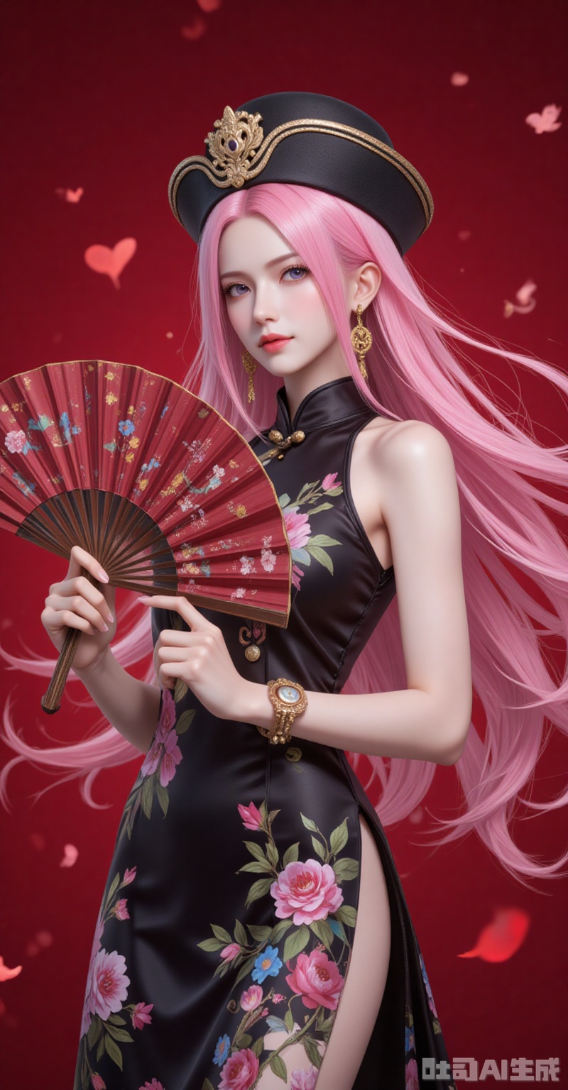 lvjing,Jewelry Bonney\(one piece\),Jewelry Bonney\(one piece\),pink hair,purple eyes,hat,long hair,sharp eyes,
1girl,dress,hand fan,holding,solo,earrings,jewelry,chinese clothes,china dress,black dress,holding fan,floral print,blurry,sleeveless,looking at viewer,sleeveless dress,red background,folding fan,standing,head tilt,2,
cover,simple background,gradient_background,Close-up details,outstanding style,adding a touch of dimension to your images without compromising details,close-up,
