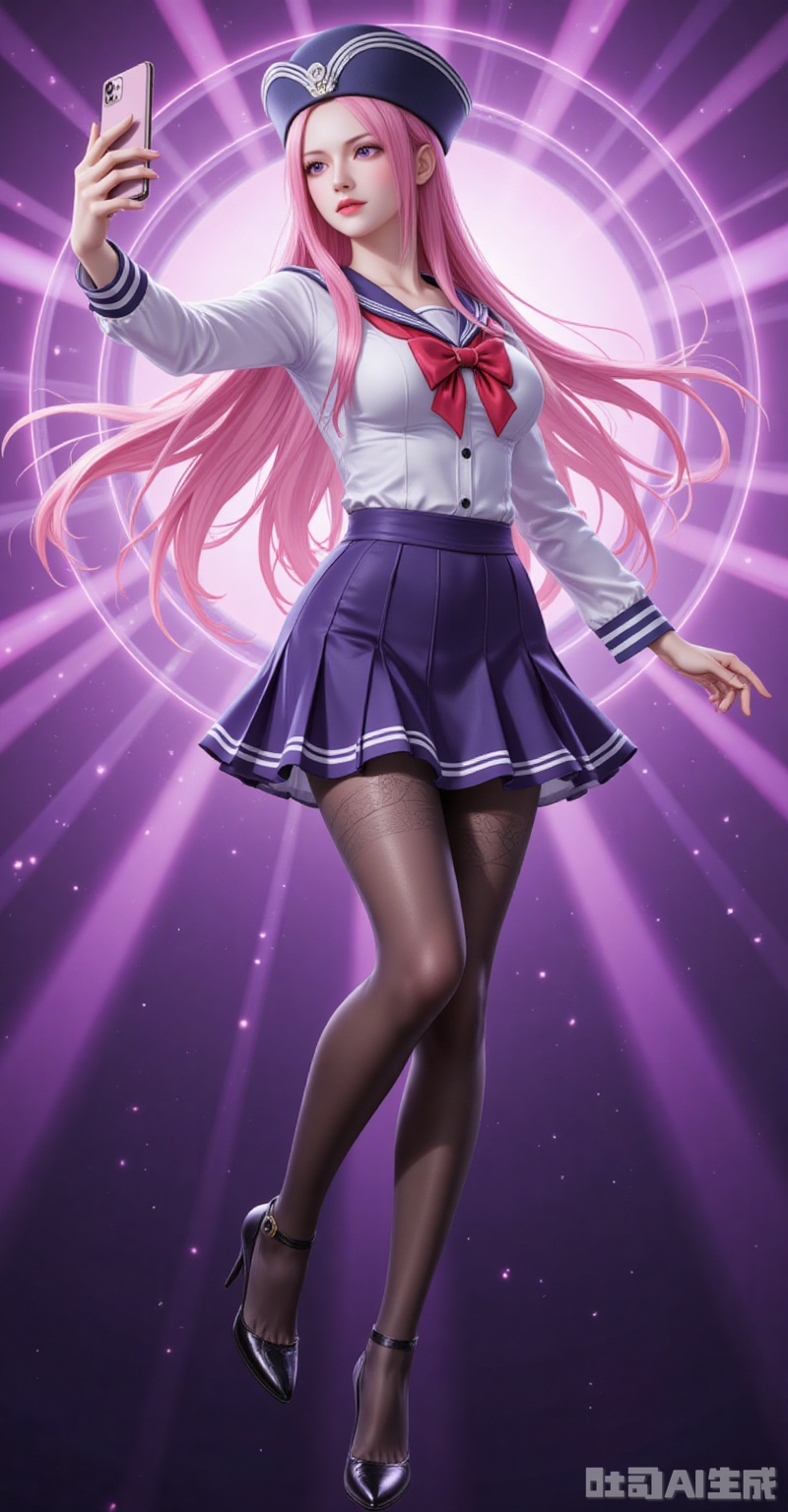 lvjing,Jewelry Bonney\(one piece\),Jewelry Bonney\(one piece\),pink hair,purple eyes,hat,long hair,sharp eyes,
1girl, pantyhose, solo, school uniform, skirt, phone, selfie, cellphone, serafuku, smartphone, holding phone, black pantyhose, high heels, full body, holding, bow, crossed legs, standing, 3/4 view,
cover,simple background,gradient_background,Close-up details,outstanding style,adding a touch of dimension to your images without compromising details,close-up,
