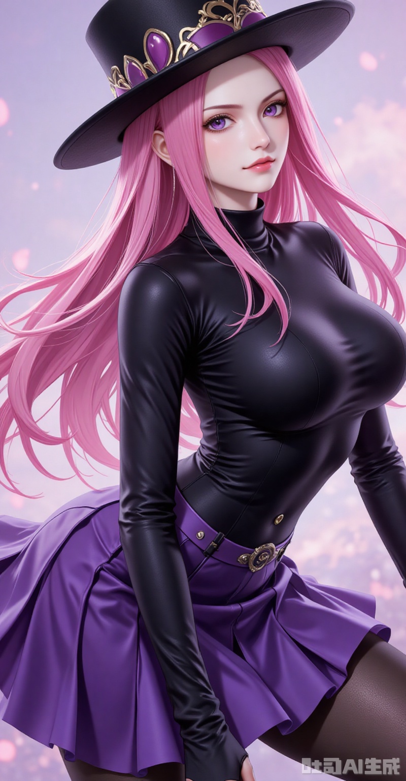 lvjing,Jewelry Bonney\(one piece\),Jewelry Bonney\(one piece\),pink hair,purple eyes,hat,long hair,sharp eyes,
1girl,breasts,skirt,solo,pantyhose,large breasts,purple skirt,covered navel,long sleeves,taut clothes,miniskirt,pleated skirt,turtleneck,black shirt,shirt,black pantyhose,taut shirt,
cover,simple background,gradient_background,Close-up details,outstanding style,adding a touch of dimension to your images without compromising details,close-up,
