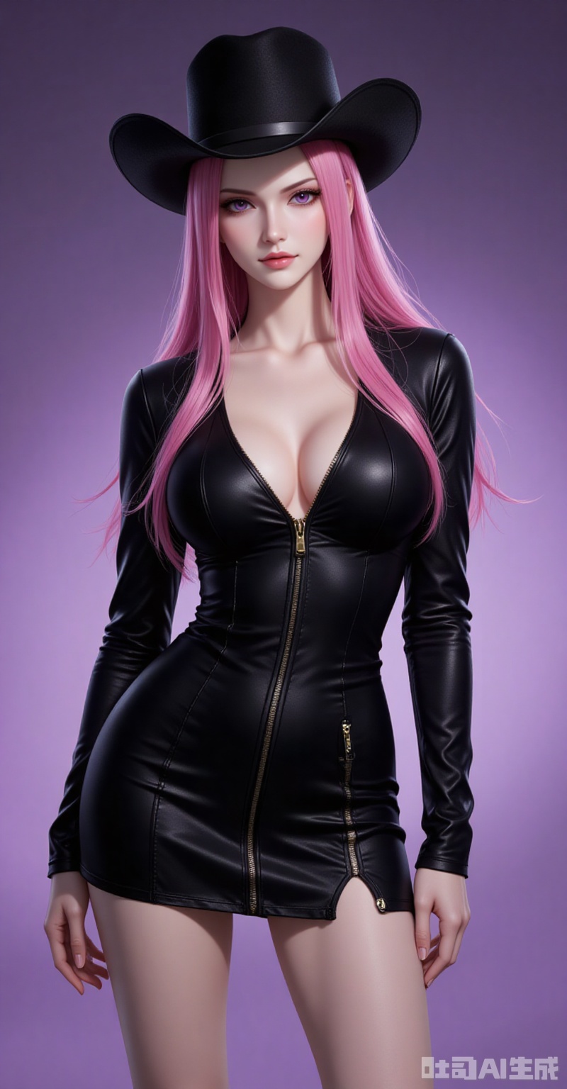 lvjing,Jewelry Bonney\(one piece\),Jewelry Bonney\(one piece\),pink hair,purple eyes,hat,long hair,sharp eyes,
1girl,solo,breasts,cleavage,dress,large breasts,black dress,cowboy shot,partially unzipped,short dress,zipper,looking at viewer,long sleeves,simple background,arms at sides,

cover,simple background,gradient_background,Close-up details,outstanding style,adding a touch of dimension to your images without compromising details,close-up,
