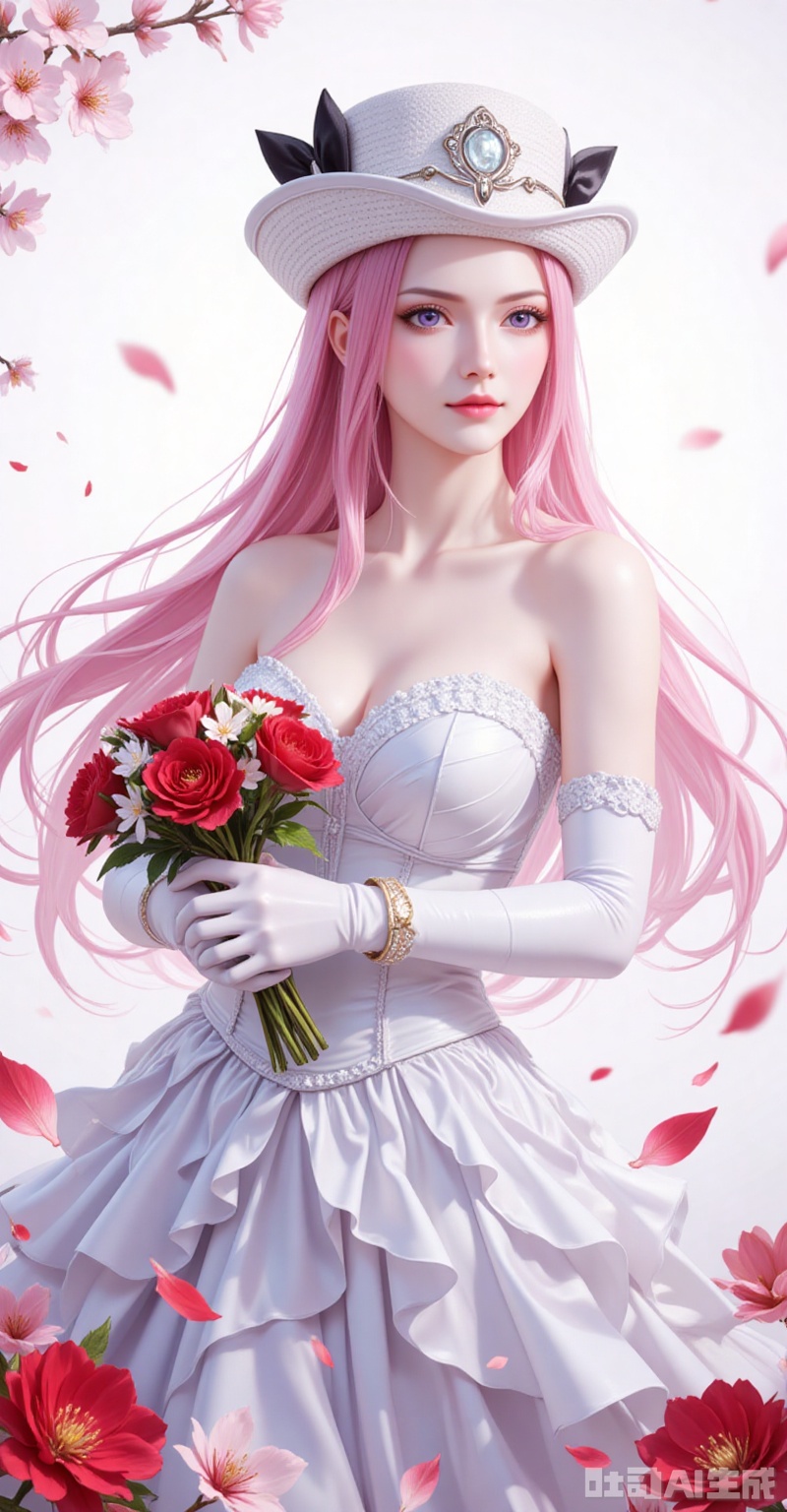 lvjing,Jewelry Bonney\(one piece\),Jewelry Bonney\(one piece\),pink hair,purple eyes,hat,long hair,sharp eyes,
elbow_gloves,frilled_skirt,holding_bouquet,highres,cherry_blossoms,strapless_dress,white_gloves,looking_at_viewer,red_flower,solo,collarbone,own_hands_together,:d,white_background,backlighting,black_bow,bare_shoulders,frilled_dress,hair_bow,wedding_dress,commentary_request,1girl,petals,simple_background,blush,cowboy_shot,
cover,simple background,gradient_background,Close-up details,outstanding style,adding a touch of dimension to your images without compromising details,close-up,
