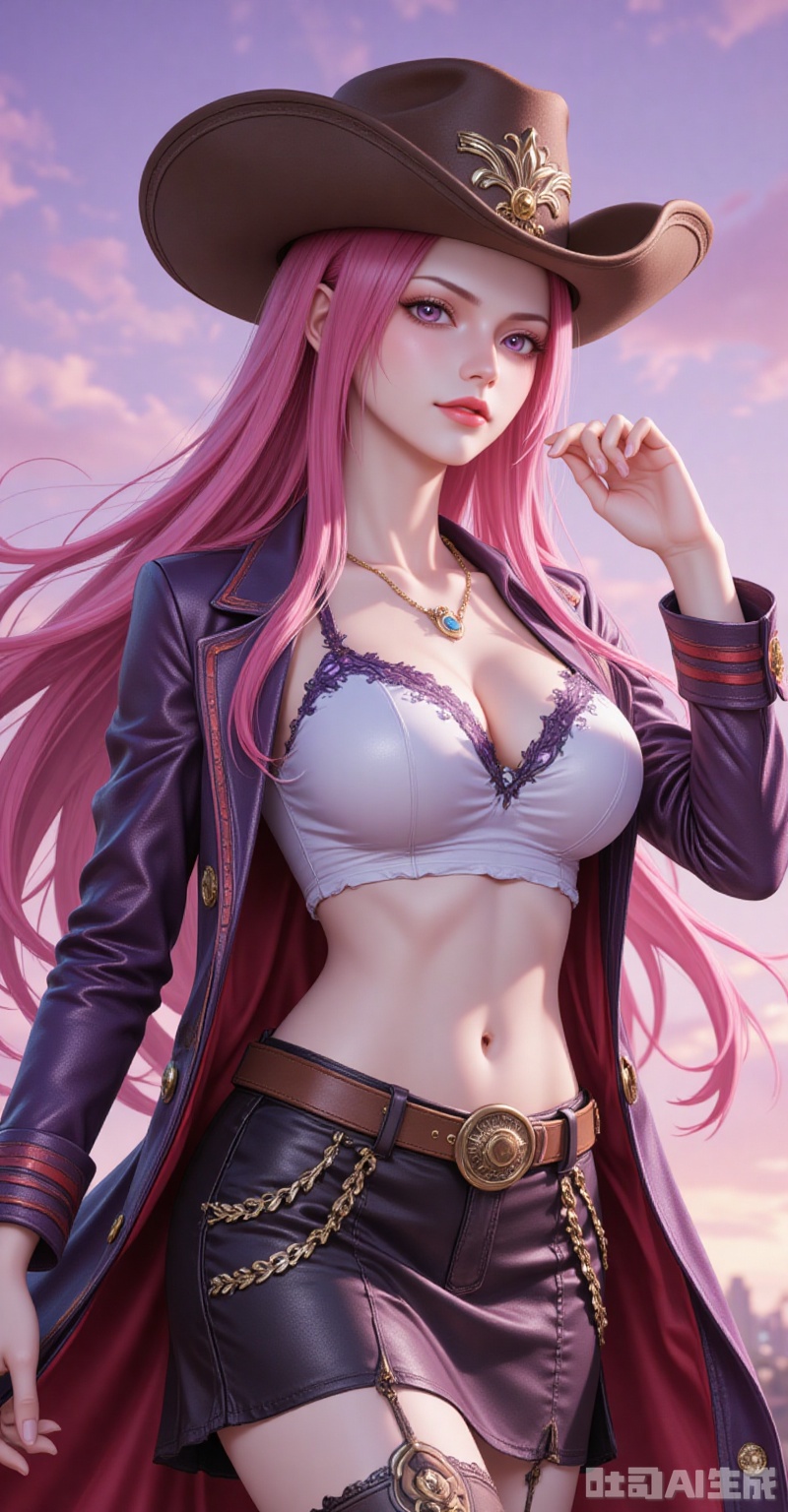 lvjing,Jewelry Bonney\(one piece\),Jewelry Bonney\(one piece\),pink hair,purple eyes,hat,long hair,sharp eyes,
1girl,solo,cowboy hat,breasts,hat,midriff,skirt,miniskirt,boots,large breasts,crop top,coat,cleavage,navel,cowboy western,

cover,simple background,gradient_background,Close-up details,outstanding style,adding a touch of dimension to your images without compromising details,close-up,

