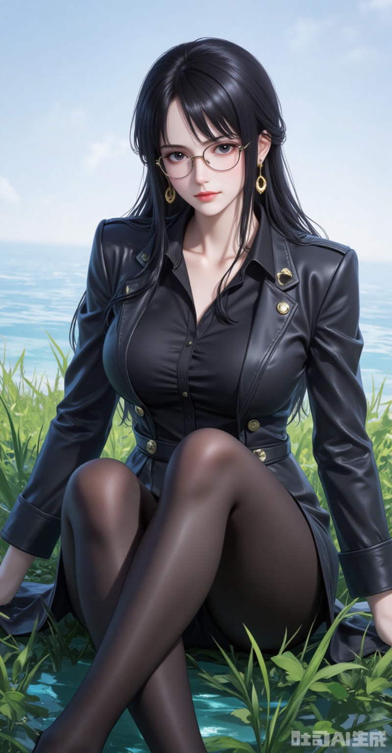 Tashigi one piece,Tashigi\(one piece\),black hair,black eyes,glasses,long hair,
1girl,jewelry,solo,earrings,long hair,pantyhose,sitting,crossed legs,breasts,shirt,jacket,collared shirt,skirt,black pantyhose,black shirt,water,grass,outdoors,long sleeves,collarbone,large breasts,
cover,simple background,gradient background,close-up details,outstanding style,adding a touch of dimension to your images without compromising details,close-up,