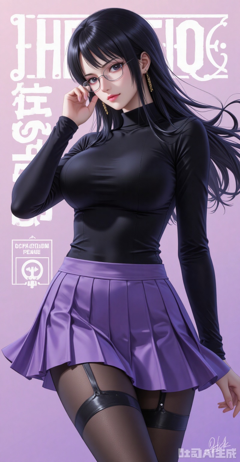 Tashigi one piece,Tashigi\(one piece\),black hair,black eyes,glasses,long hair,
1girl,breasts,skirt,solo,pantyhose,large breasts,purple skirt,covered navel,long sleeves,taut clothes,miniskirt,pleated skirt,turtleneck,black shirt,shirt,black pantyhose,taut shirt,64,
cover,simple background,gradient background,close-up details,outstanding style,adding a touch of dimension to your images without compromising details,close-up,