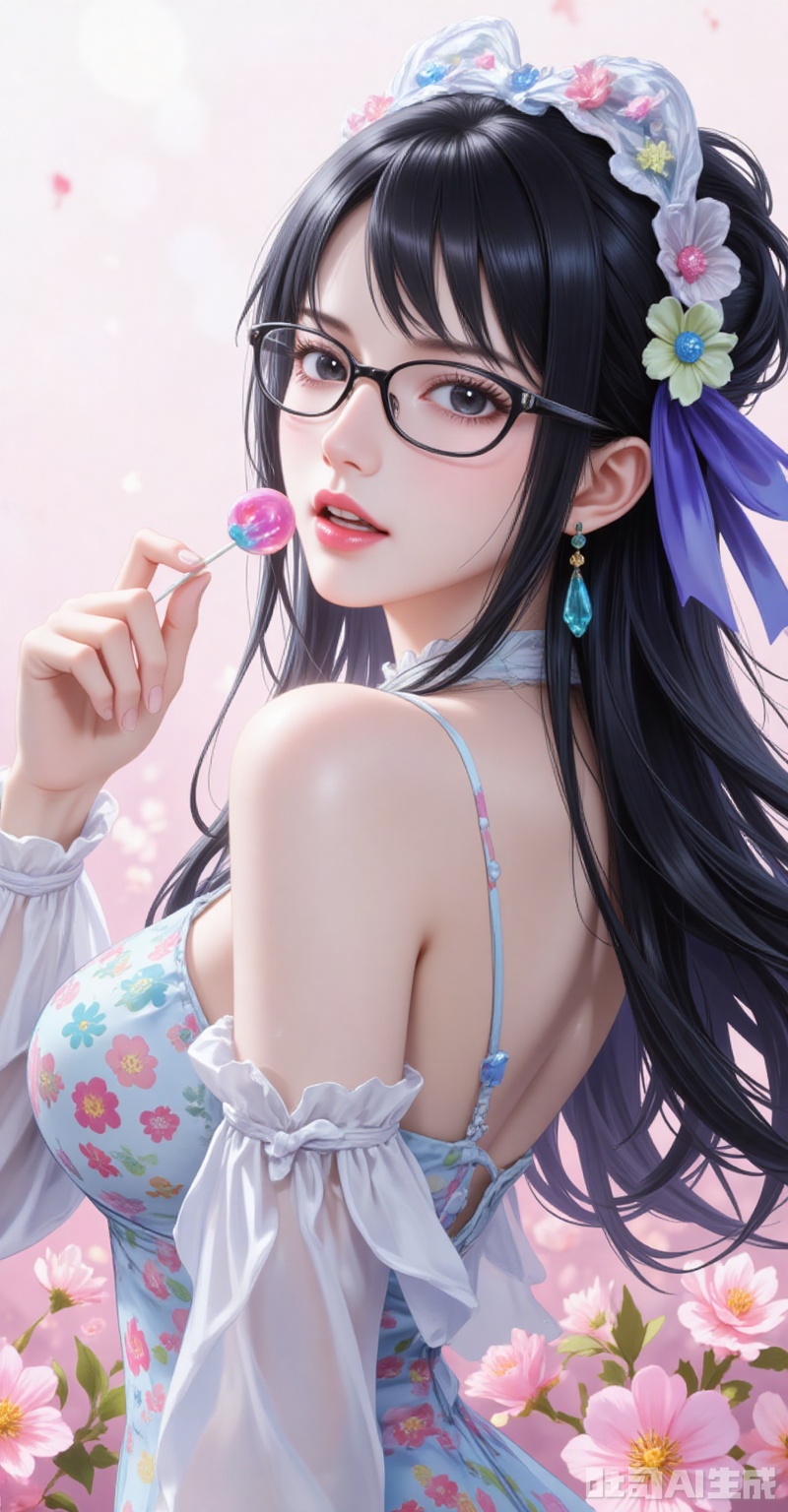 Tashigi one piece,Tashigi\(one piece\),black hair,black eyes,glasses,long hair,1
girl, solo, glasses, food, lollipop, candy, long hair, looking at viewer, holding, black hair, holding food, open mouth, upper body, holding candy, bare shoulders, bangs, holding lollipop, looking back, black-framed eyewear, teeth, sleeveless, dress, hand up, blue eyes, upper teeth only,cowboy shot,close-up,sleeves past wrists,flowers background,
cover,simple background,gradient background,close-up details,outstanding style,adding a touch of dimension to your images without compromising details,close-up,