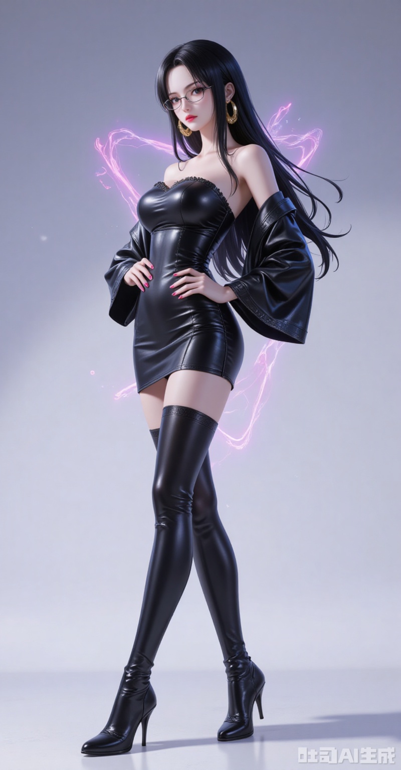 Tashigi one piece,Tashigi\(one piece\),black hair,black eyes,glasses,long hair,
1girl,solo,dress,earrings,jewelry,black hair,boots,long hair,hand on own hip,thigh boots,full body,black footwear,latex,black dress,detached sleeves,bare shoulders,strapless,short dress,thighhighs,shiny clothes,looking at viewer,strapless dress,standing,hoop earrings,breasts,red lips,nail polish,high heels,leather,pencil dress,high heel boots,
cover,simple background,gradient background,close-up details,outstanding style,adding a touch of dimension to your images without compromising details,close-up,
