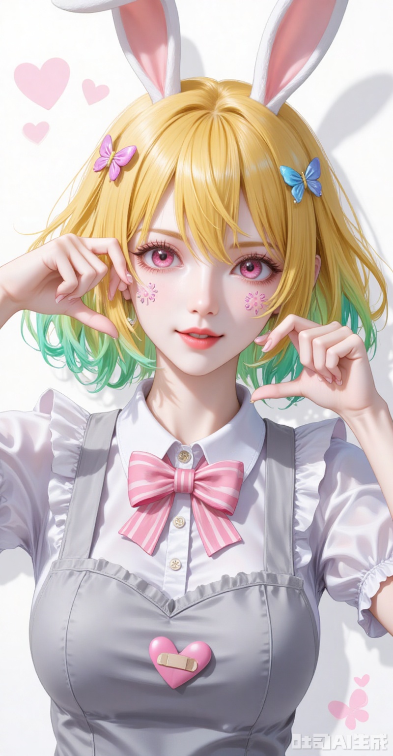 Carrot\(one piece\),lvjing,baoshi,lvjing,blonde hair,rabbit ears,rabbit girl,red eyes,close-up,short hair,multicolored hair,gradient hair,green hair,
1girl,solo,bandaid on hand,butterfly hair ornament,heart,long hair,apron,open mouth,pink bowtie,hair ornament,white background,pink bow,short sleeves,dress,simple background,bow,striped bow,hair between eyes,bandaid,shadow,puffy sleeves,frills,puffy short sleeves,heart hands,bowtie,hands up,grey apron,smile,looking at viewer,striped bowtie,symbol-shaped pupils,heart-shaped pupils,symbol in eye,tongue,grey bow,
cover,simple background,gradient background,close-up details,outstanding style,adding a touch of dimension to your images without compromising details,close-up,