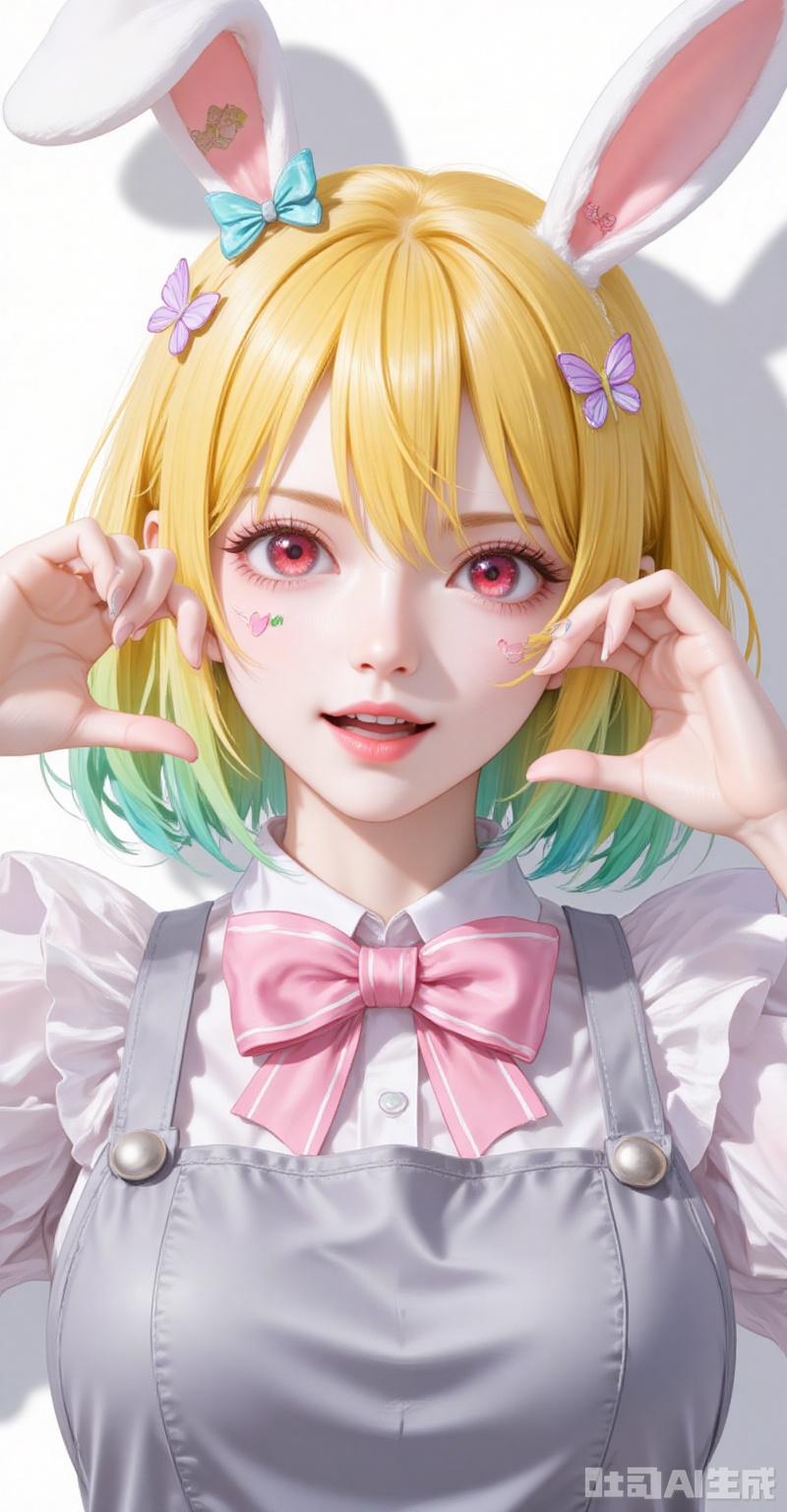 Carrot\(one piece\),lvjing,baoshi,lvjing,blonde hair,rabbit ears,rabbit girl,red eyes,close-up,short hair,multicolored hair,gradient hair,green hair,
1girl,solo,bandaid on hand,butterfly hair ornament,heart,long hair,apron,open mouth,pink bowtie,hair ornament,white background,pink bow,short sleeves,dress,simple background,bow,striped bow,hair between eyes,bandaid,shadow,puffy sleeves,frills,puffy short sleeves,heart hands,bowtie,hands up,grey apron,smile,looking at viewer,striped bowtie,symbol-shaped pupils,heart-shaped pupils,symbol in eye,tongue,grey bow,
cover,simple background,gradient background,close-up details,outstanding style,adding a touch of dimension to your images without compromising details,close-up,