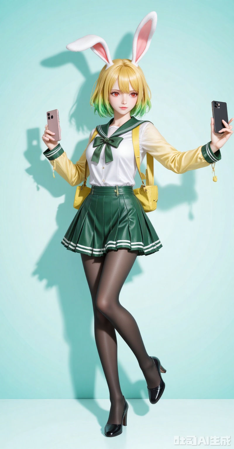 Carrot\(one piece\),lvjing,baoshi,lvjing,blonde hair,rabbit ears,rabbit girl,red eyes,close-up,short hair,multicolored hair,gradient hair,green hair,
1girl, pantyhose, solo, school uniform, skirt, phone, selfie, cellphone, serafuku, smartphone, holding phone, black pantyhose, high heels, full body, holding, bow, crossed legs, standing, 3/4 view,
cover,simple background,gradient background,close-up details,outstanding style,adding a touch of dimension to your images without compromising details,close-up,