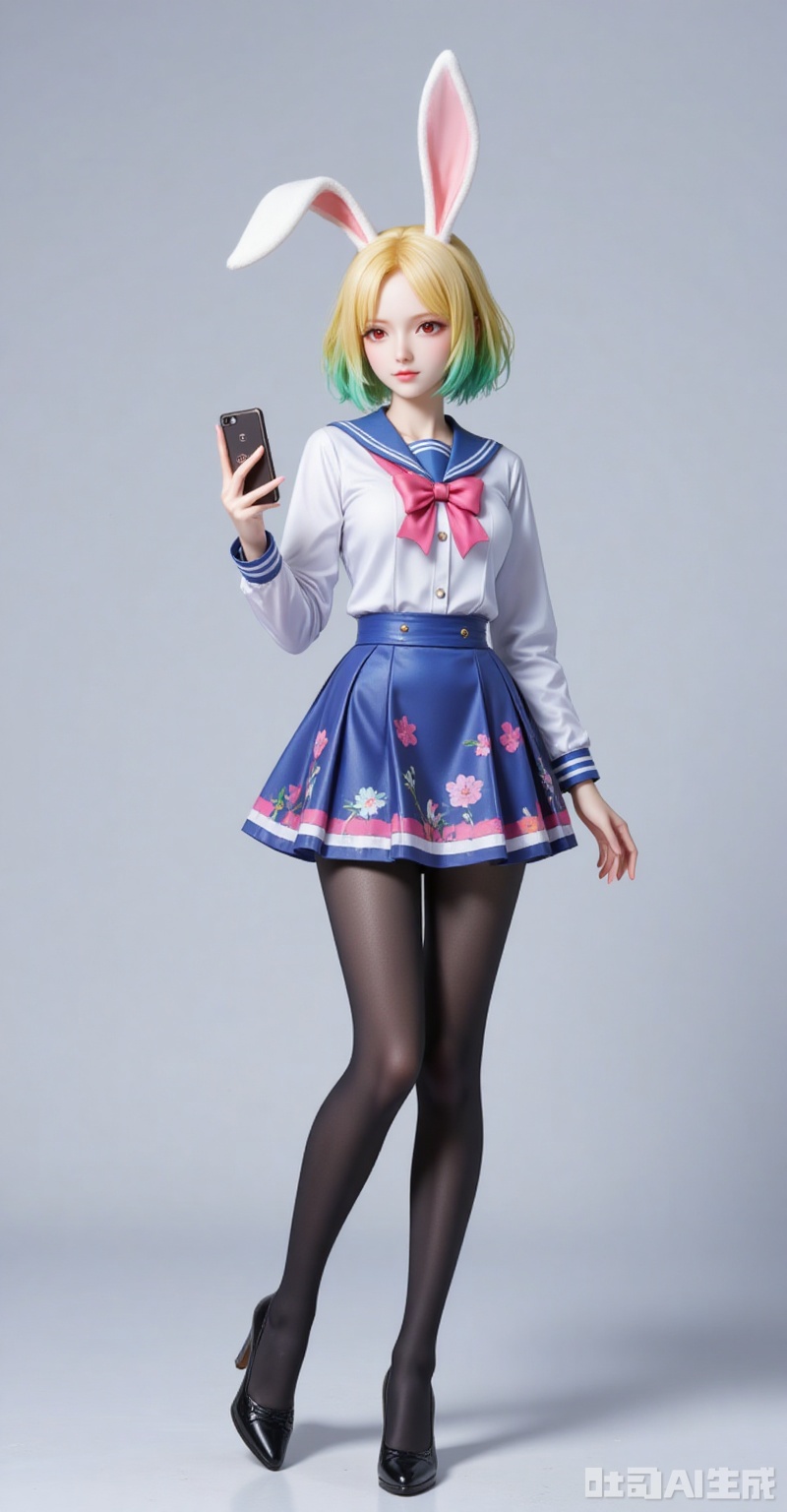 Carrot\(one piece\),lvjing,baoshi,lvjing,blonde hair,rabbit ears,rabbit girl,red eyes,close-up,short hair,multicolored hair,gradient hair,green hair,
1girl, pantyhose, solo, school uniform, skirt, phone, selfie, cellphone, serafuku, smartphone, holding phone, black pantyhose, high heels, full body, holding, bow, crossed legs, standing, 3/4 view,
cover,simple background,gradient background,close-up details,outstanding style,adding a touch of dimension to your images without compromising details,close-up,