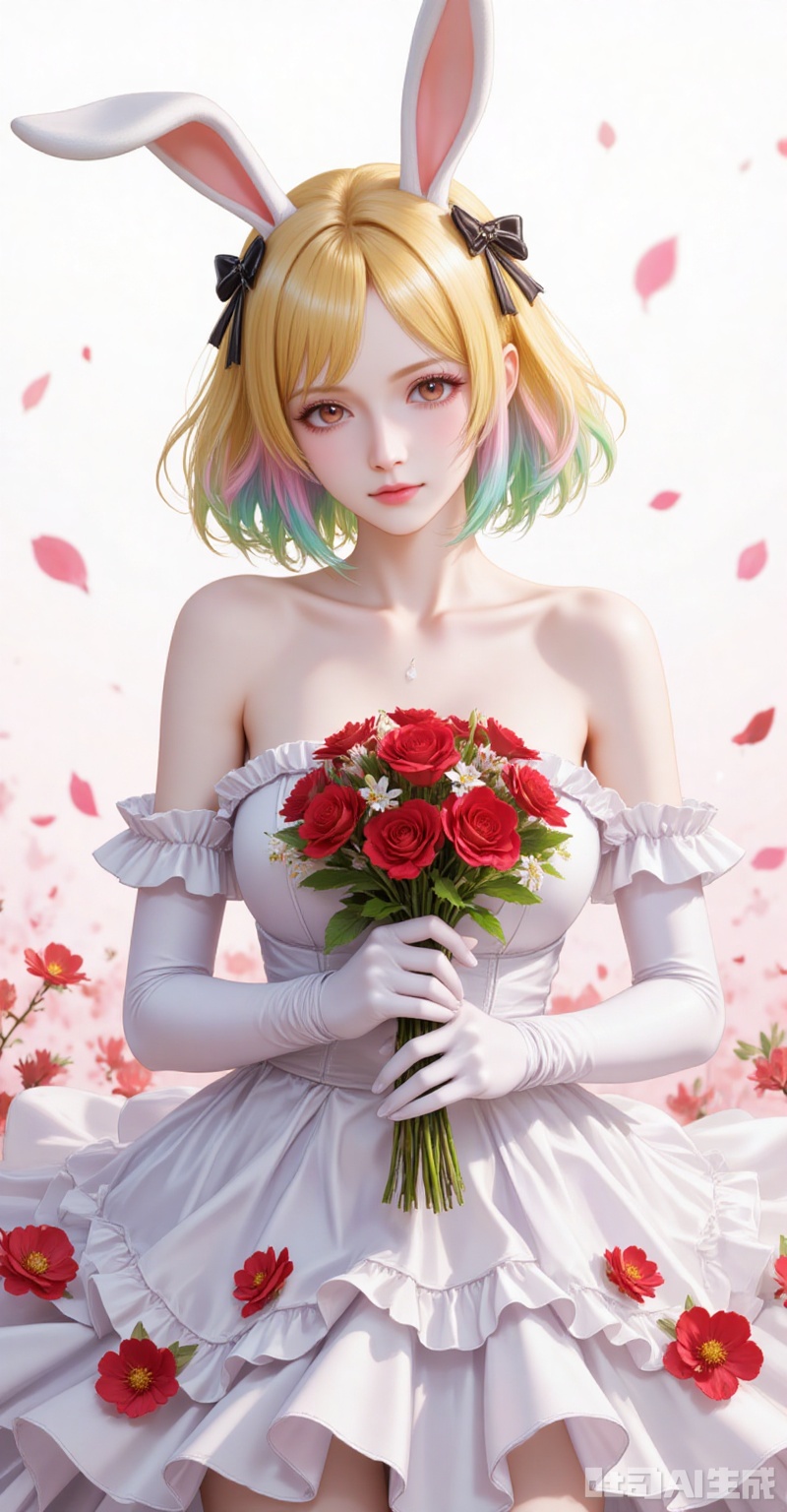 Carrot\(one piece\),lvjing,baoshi,lvjing,blonde hair,rabbit ears,rabbit girl,red eyes,close-up,short hair,multicolored hair,gradient hair,green hair,
elbow_gloves,frilled_skirt,holding_bouquet,highres,cherry_blossoms,strapless_dress,white_gloves,looking_at_viewer,red_flower,solo,collarbone,own_hands_together,:d,white_background,backlighting,black_bow,bare_shoulders,frilled_dress,hair_bow,wedding_dress,commentary_request,1girl,petals,simple_background,blush,cowboy_shot,
cover,simple background,gradient background,close-up details,outstanding style,adding a touch of dimension to your images without compromising details,close-up,