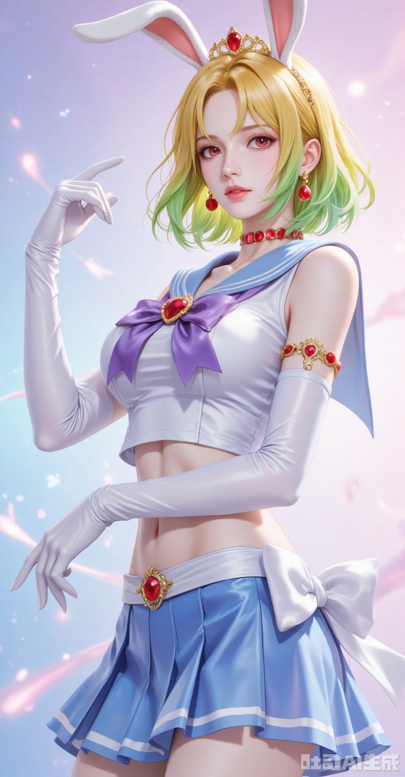 Carrot\(one piece\),lvjing,baoshi,lvjing,blonde hair,rabbit ears,rabbit girl,red eyes,close-up,short hair,multicolored hair,gradient hair,green hair,
1girl,sailor senshi uniform,solo,jewelry,skirt,gloves,earrings,blue skirt,white gloves,sailor collar,bow,breasts,choker,elbow gloves,magical girl,back bow,covered navel,pleated skirt,looking at viewer,brooch,purple bow,heart brooch,red choker,miniskirt,closed mouth,large breasts,collarbone,red gemstone,tiara,cowboy shot,
cover,simple background,gradient background,close-up details,outstanding style,adding a touch of dimension to your images without compromising details,close-up,