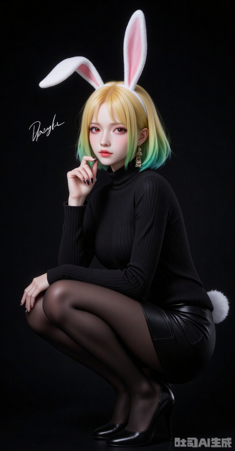 Carrot\(one piece\),lvjing,baoshi,lvjing,blonde hair,rabbit ears,rabbit girl,red eyes,close-up,short hair,multicolored hair,gradient hair,green hair,
1girl,solo,pantyhose,high heels,looking at viewer,black footwear,squatting,sweater,quad tails,full body,parted lips,black sweater,earrings,signature,black nails,long sleeves,parted bangs,jewelry,pencil skirt,skirt,bangs,turtleneck,nail polish,black pantyhose,dress,(Black background:1.2),simple background,
cover,simple background,gradient background,close-up details,outstanding style,adding a touch of dimension to your images without compromising details,close-up,
