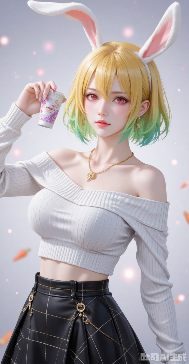 Carrot\(one piece\),lvjing,baoshi,lvjing,blonde hair,rabbit ears,rabbit girl,red eyes,close-up,short hair,multicolored hair,gradient hair,green hair,
1girl,solo,skirt,off shoulder,off-shoulder sweater,jewelry,white sweater,necklace,cup,bare shoulders,holding,sweater,disposable cup,breasts,black skirt,plaid skirt,collarbone,plaid,blurry background,crop top,holding cup,blurry,midriff,long sleeves,large breasts,
cover,simple background,gradient background,close-up details,outstanding style,adding a touch of dimension to your images without compromising details,close-up,