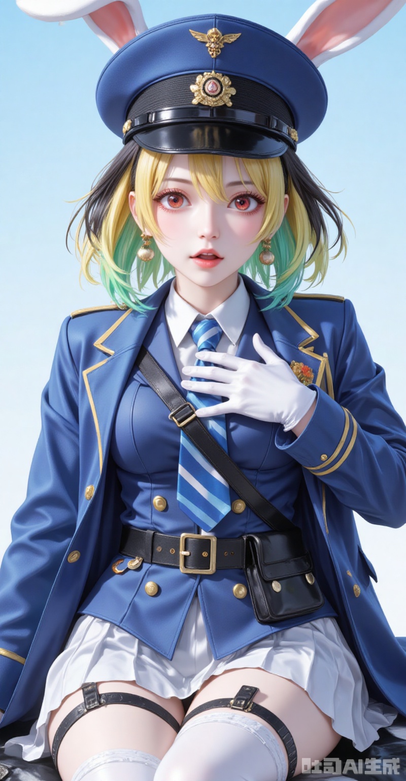 Carrot\(one piece\),lvjing,baoshi,lvjing,blonde hair,rabbit ears,rabbit girl,red eyes,close-up,short hair,multicolored hair,gradient hair,green hair,
1girl,:d,absurdres,black_belt,black_footwear,black_hair,blue_coat,blue_hat,blue_jacket,blue_necktie,blush,breasts,coat_on_shoulders,collared_shirt,commentary,diesel_\(nikke\),hair_between_eyes,hand_on_own_chest,highres,knee_boots,long_hair,looking_at_viewer,military_hat,military_uniform,open_mouth,peaked_cap,pleated_skirt,pouch,seiza,sidelocks,skindentation,solo,striped_necktie,thigh_belt,thigh_strap,triangle_earrings,upper_teeth_only,white_gloves,white_shirt,white_skirt,
cover,simple background,gradient background,close-up details,outstanding style,adding a touch of dimension to your images without compromising details,close-up,