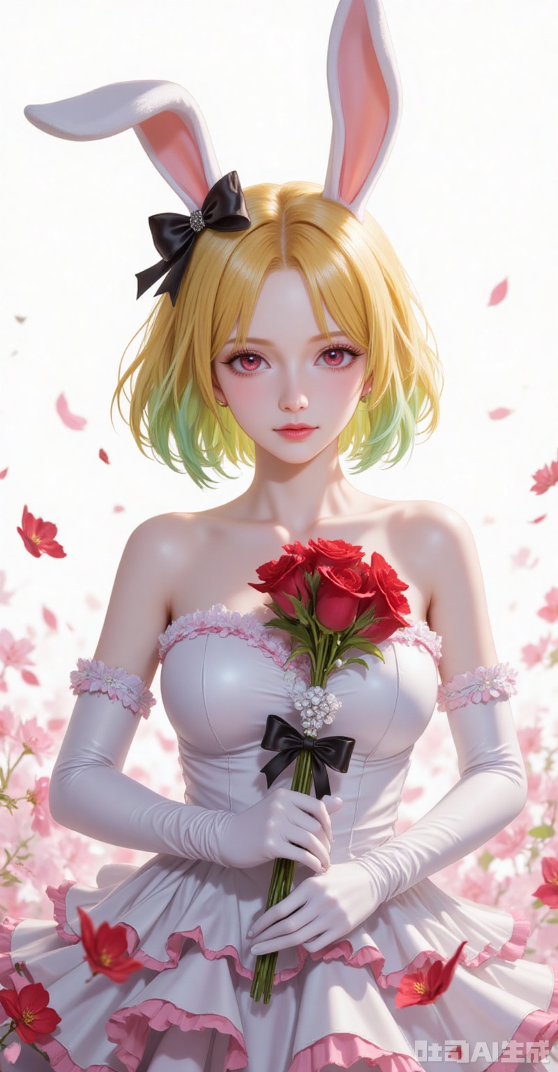 Carrot\(one piece\),lvjing,baoshi,lvjing,blonde hair,rabbit ears,rabbit girl,red eyes,close-up,short hair,multicolored hair,gradient hair,green hair,
elbow_gloves,frilled_skirt,holding_bouquet,highres,cherry_blossoms,strapless_dress,white_gloves,looking_at_viewer,red_flower,solo,collarbone,own_hands_together,:d,white_background,backlighting,black_bow,bare_shoulders,frilled_dress,hair_bow,wedding_dress,commentary_request,1girl,petals,simple_background,blush,cowboy_shot,
cover,simple background,gradient background,close-up details,outstanding style,adding a touch of dimension to your images without compromising details,close-up,