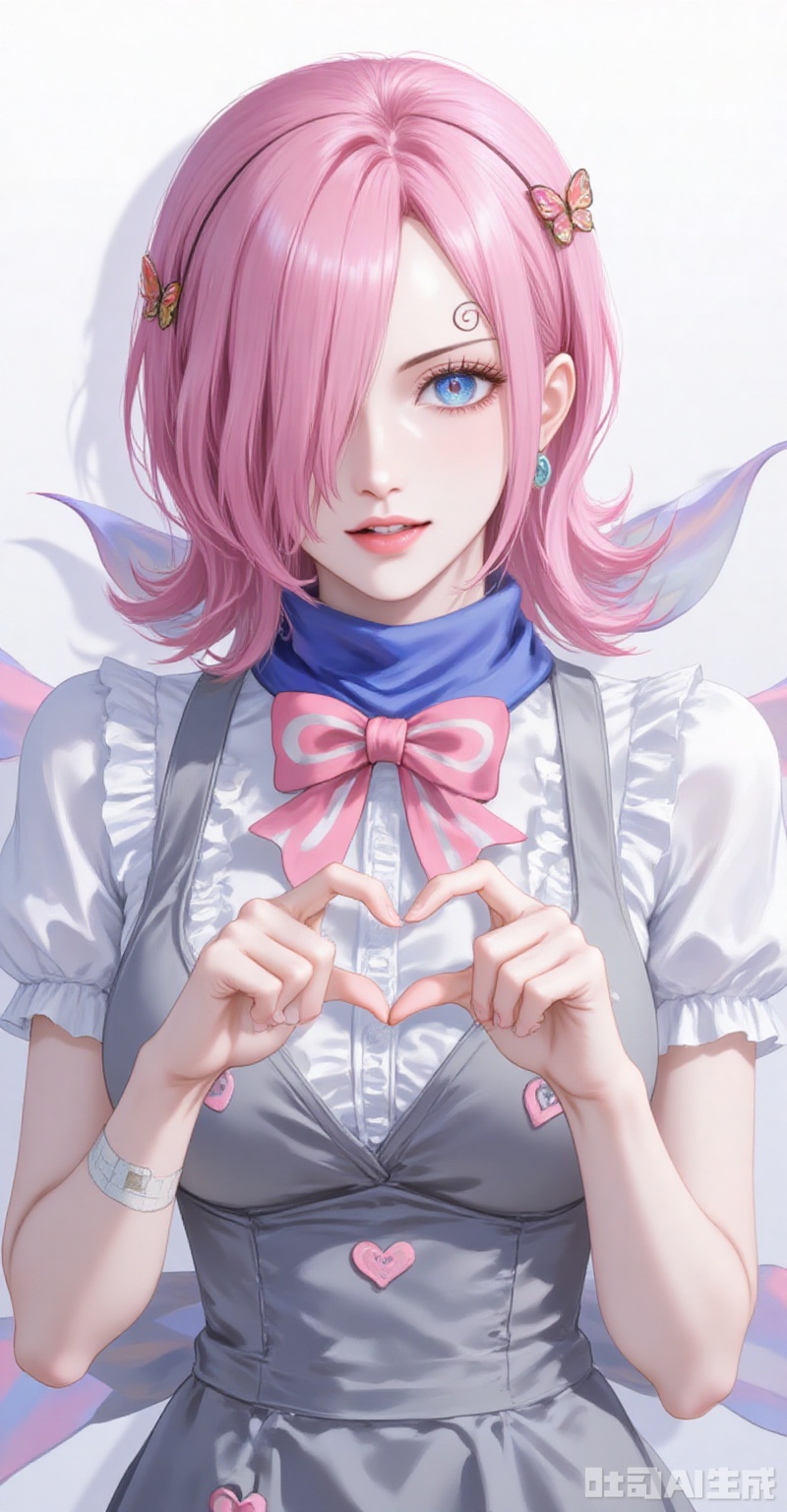 Vinsmoke Reiju\(one piece\),baoshi,lvjing,short hair,the bangs cover one eye,Scarf,pink hair,blue eyes,fair_skin,
1girl,solo,bandaid on hand,butterfly hair ornament,heart,long hair,apron,open mouth,pink bowtie,hair ornament,white background,pink bow,short sleeves,dress,simple background,bow,striped bow,hair between eyes,bandaid,shadow,puffy sleeves,frills,puffy short sleeves,heart hands,bowtie,hands up,grey apron,smile,looking at viewer,striped bowtie,symbol-shaped pupils,heart-shaped pupils,symbol in eye,tongue,grey bow,
cover,simple background,gradient background,close-up details,outstanding style,adding a touch of dimension to your images without compromising details,close-up,