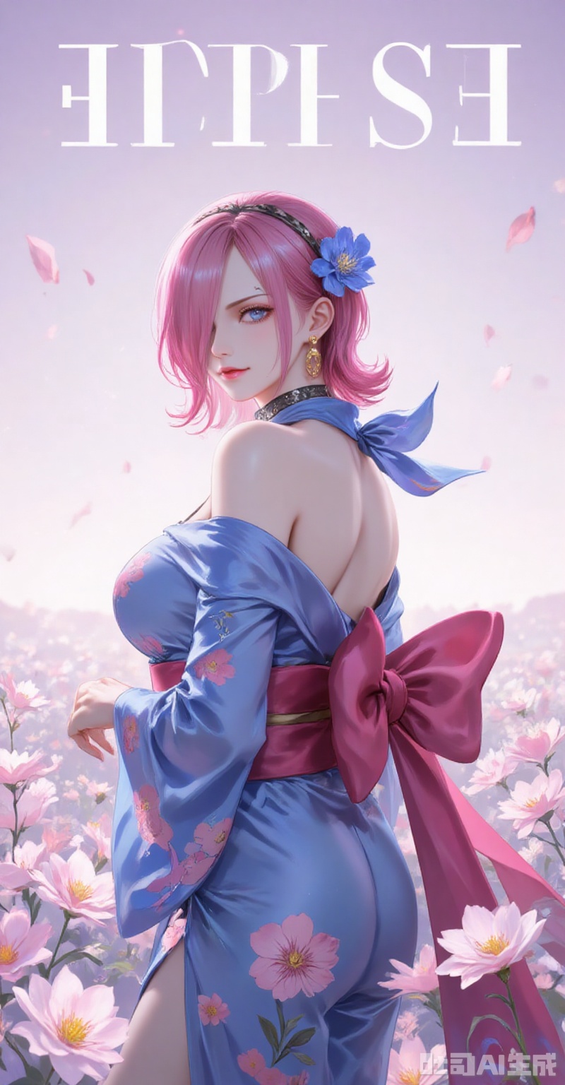 Vinsmoke Reiju\(one piece\),baoshi,lvjing,short hair,the bangs cover one eye,Scarf,pink hair,blue eyes,fair_skin,
1girl,breasts,solo,japanese clothes,hair ornament,kimono,flower,hair flower,sash,blue kimono,large breasts,choker,looking at viewer,cleavage,bare shoulders,obi,off shoulder,earrings,smile,jewelry,floral print,closed mouth,makeup,from side,long sleeves,
cover,simple background,gradient background,close-up details,outstanding style,adding a touch of dimension to your images without compromising details,close-up,