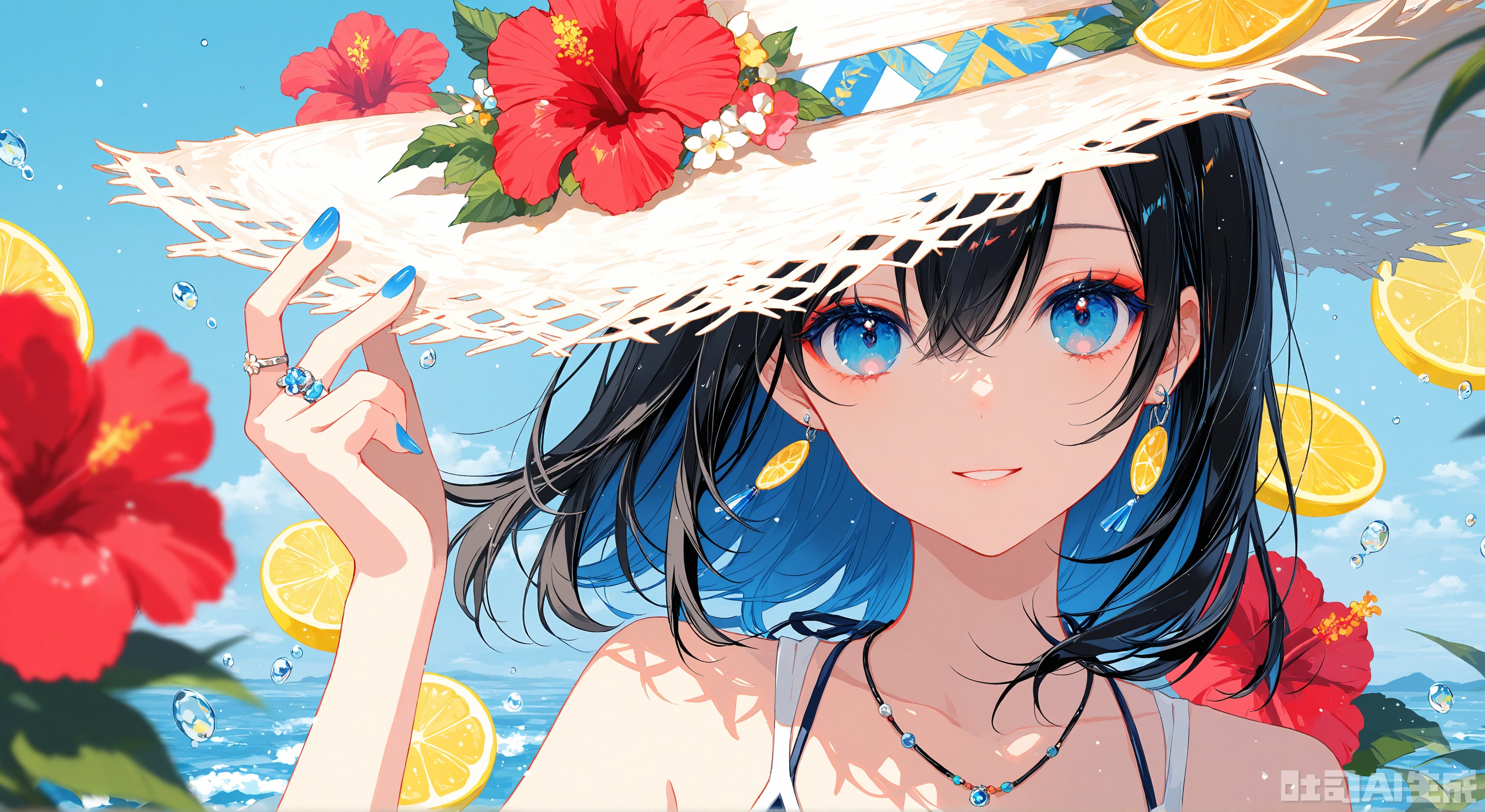 (Masterpiece), (Best Quality),(Chocoan:0.5),(Mika Pikazo:0.4),(Artist: sheya:0.5),(wlop:0.4),Illustration, Depth of Field, (Color),masterpiece,best quality,high quality,extremely detailed CG unity 8k wallpaper,extremely detailed,High Detail,vibrant colors,anime style,cover art,extreme aesthetic,masterpiece,best quality,good quality,newest,very aesthetic,absurdres,Visual impact,32K UHD,colorful,sharp focus,impactful picture,offcial art,
1girl, solo, looking at viewer, smile, bangs, blue eyes, black hair, hat, hair between eyes, jewelry, swimsuit, upper body, flower, earrings, outdoors, parted lips, food, medium hair, water, necklace, nail polish, fruit, ring, red flower, portrait, blue nails, water drop, straw hat, hat flower, hand on headwear, hibiscus, lemon, lemon slice