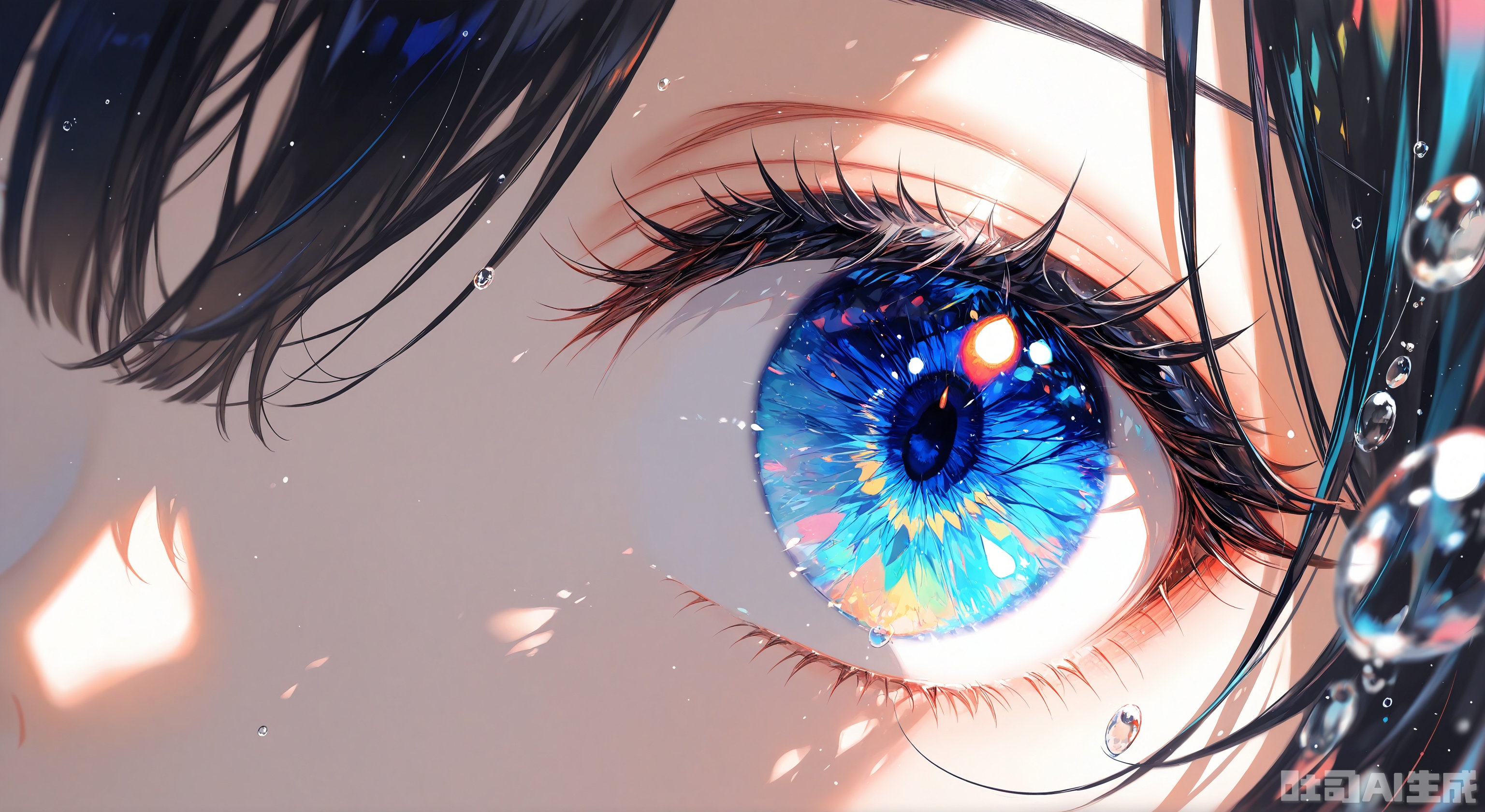 (Masterpiece), (Best Quality),(Chocoan:0.5),(Mika Pikazo:0.4),(Artist: sheya:0.5),(wlop:0.4),Illustration, Depth of Field, (Color),masterpiece,best quality,high quality,extremely detailed CG unity 8k wallpaper,extremely detailed,High Detail,vibrant colors,anime style,cover art,extreme aesthetic,masterpiece,best quality,good quality,newest,very aesthetic,absurdres,Visual impact,32K UHD,colorful,sharp focus,impactful picture,offcial art, 
1girl, solo, looking at viewer, bangs, water, blurry, eyelashes, close-up, reflection, water drop, eye focus
