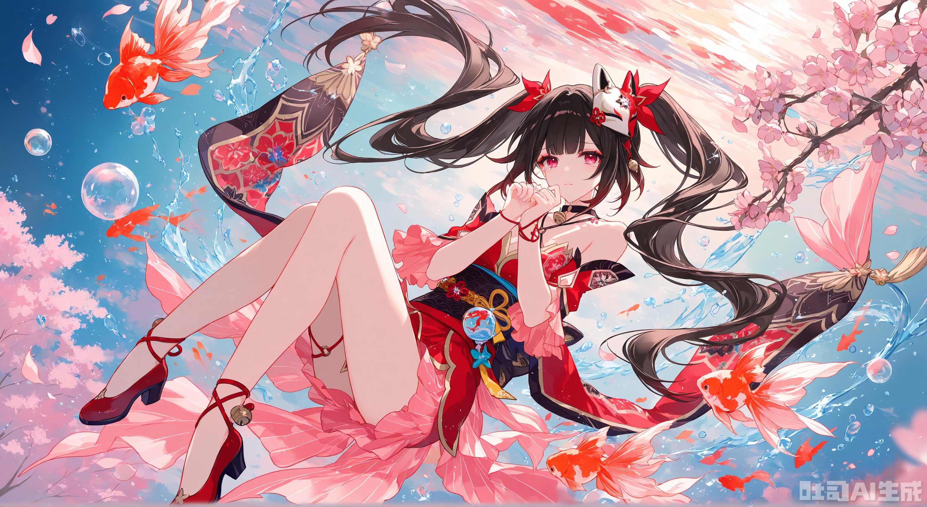 (Masterpiece), (Best Quality),(Chocoan:0.5),(Mika Pikazo:0.4),(Artist: sheya:0.5),(wlop:0.4),Illustration, Depth of Field, (Color),masterpiece,best quality,high quality,extremely detailed CG unity 8k wallpaper,extremely detailed,High Detail,vibrant colors,anime style,cover art,extreme aesthetic,masterpiece,best quality,good quality,newest,very aesthetic,absurdres,Visual impact,32K UHD,colorful,sharp focus,impactful picture,offcial art, 
1girl, solo, long hair, looking at viewer, bangs, brown hair, black hair, red eyes, long sleeves, dress, bow, ribbon, bare shoulders, twintails, full body, flower, hair bow, detached sleeves, tears, wide sleeves, water, red bow, red ribbon, petals, bare legs, red dress, cherry blossoms, red footwear, pink flower, fish, bubble, goldfish, koi, sparkle \(honkai: star rail\)
