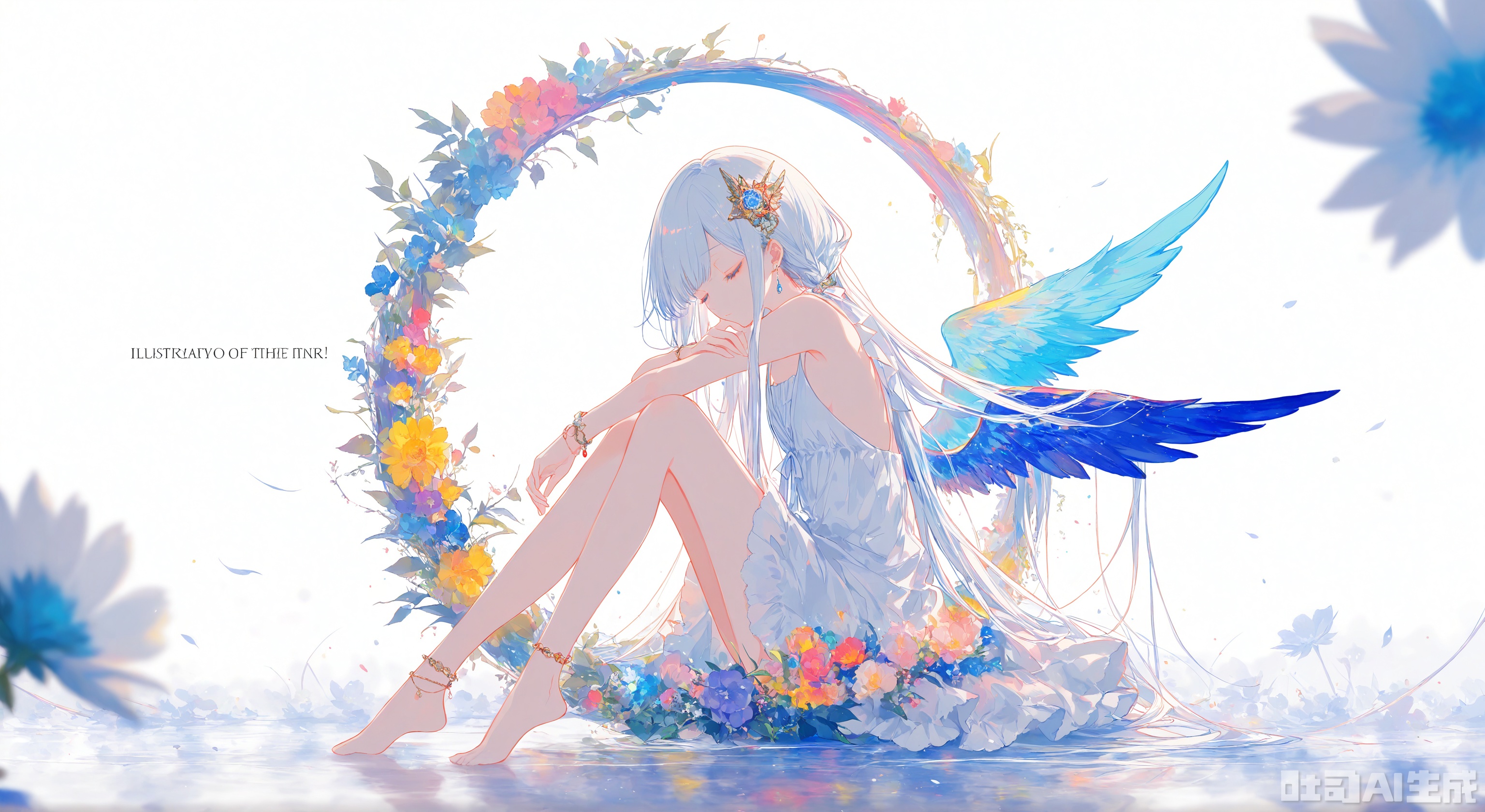 (Masterpiece), (Best Quality),(Chocoan:0.5),(Mika Pikazo:0.4),(Artist: sheya:0.5),(wlop:0.4),Illustration, Depth of Field, (Color),masterpiece,best quality,high quality,extremely detailed CG unity 8k wallpaper,extremely detailed,High Detail,vibrant colors,anime style,cover art,extreme aesthetic,masterpiece,best quality,good quality,newest,very aesthetic,absurdres,Visual impact,32K UHD,colorful,sharp focus,impactful picture,offcial art, 
1girl, solo, long hair, hair ornament, white background, dress, jewelry, sitting, full body, closed eyes, flower, wings, barefoot, white dress, bracelet, english text, anklet