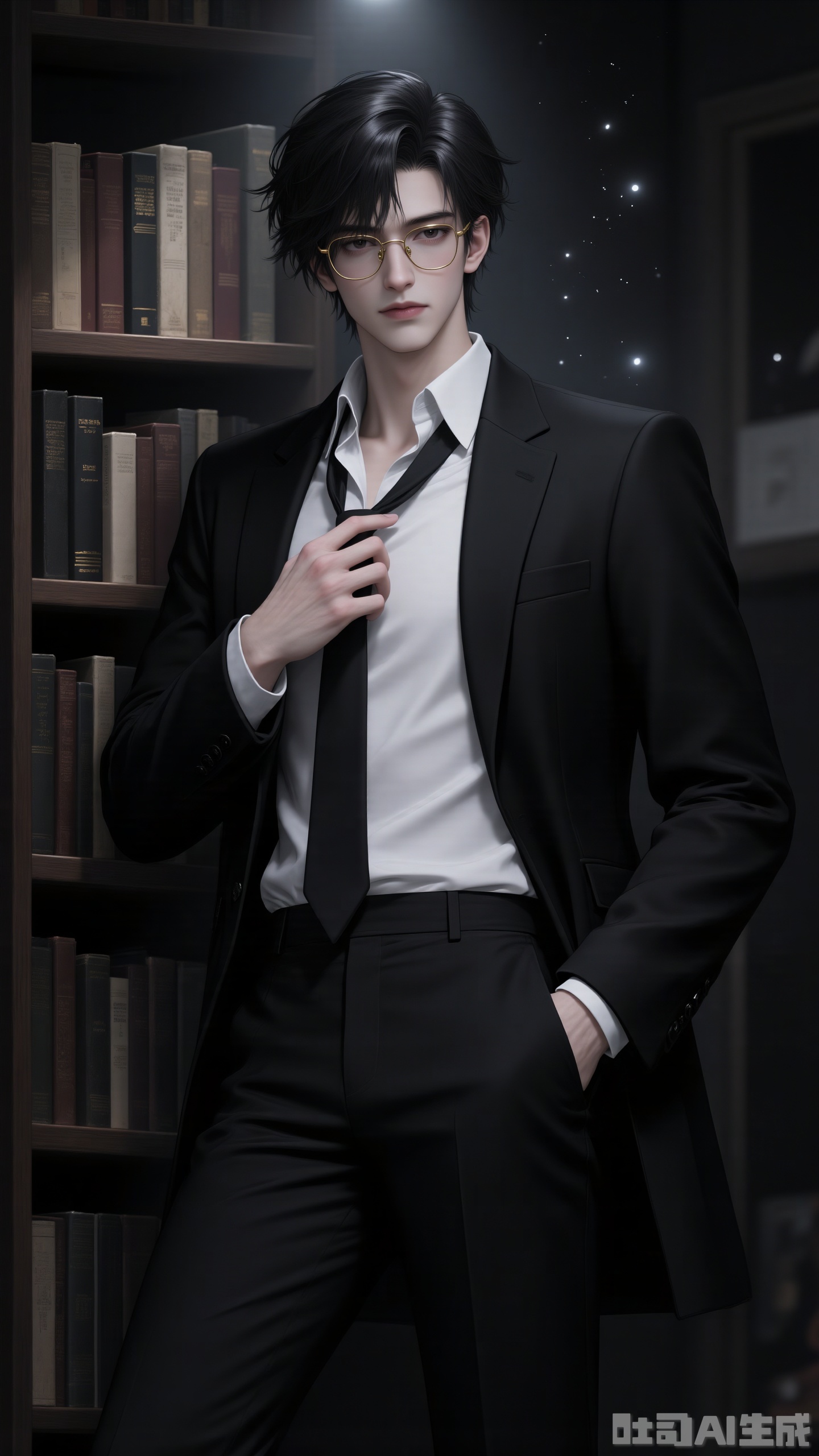 
solo

looking at viewer

short hair

shirt

black hair

long sleeves

1boy

standing

jacket

white shirt

male focus

open clothes

necktie

glasses

collared shirt

pants

indoors

black jacket

book

black pants

formal

suit

black necktie

light particles

hand in pocket

adjusting clothes

bookshelf

black suit

blinds

adjusting necktie
