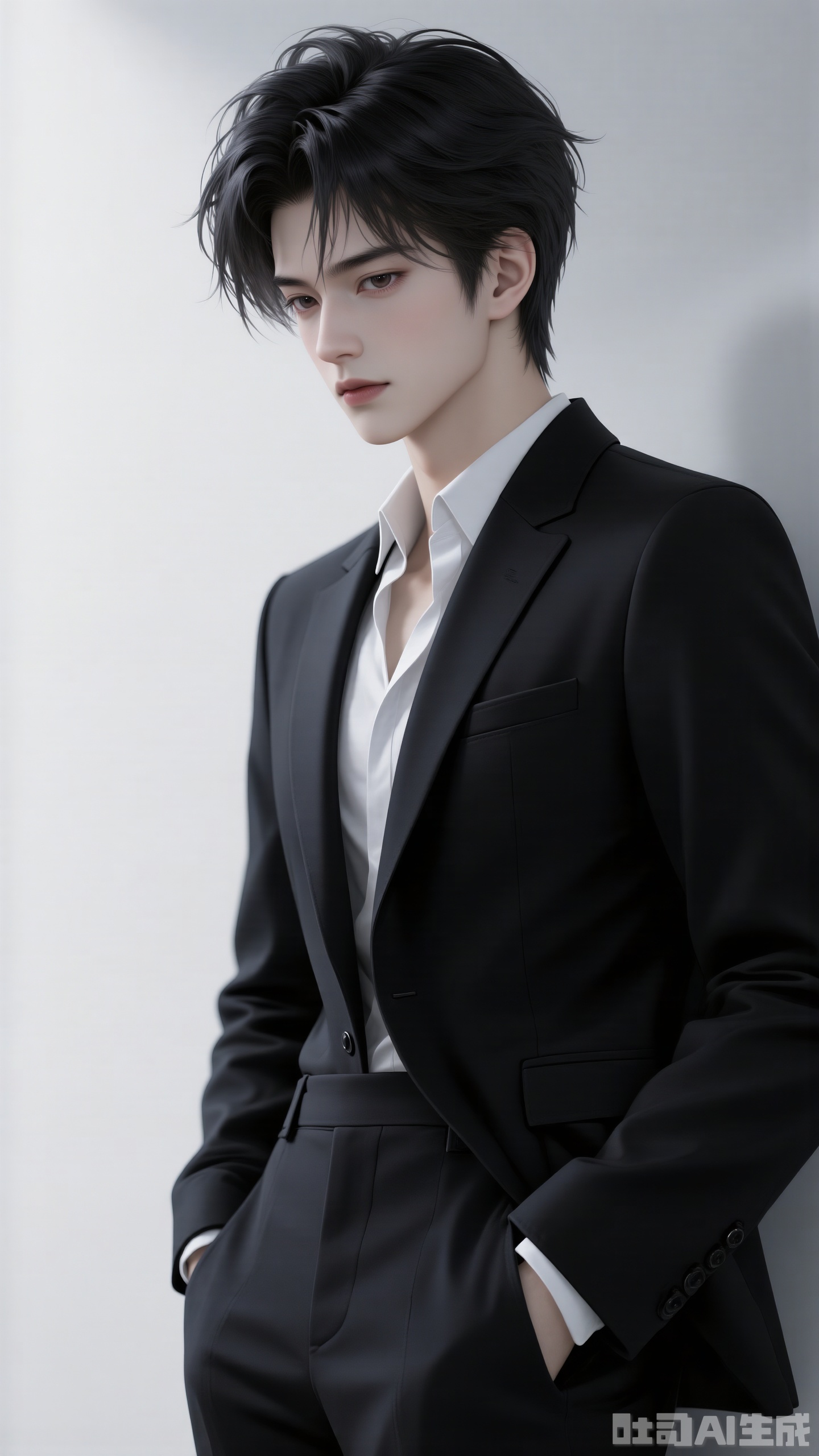 Close - up of the upper body. A super exquisite boy! He should have that Korean - style handsome guy vibe. His hair is jet - black, short and slightly fluffy, with natural texture and luster, looking smooth and stylish. The facial features should be delicate, and the skin should be fair and clean, like having a built - in skin retouch. The eyes are of a gentle light color, with a faint look, and the lip color is naturally on the lighter side.
 
For the outfit, choose a style that’s formal yet relaxed! Wear a dark - colored suit, and pair it with a white shirt inside. Don’t button it all the way up; leave it slightly open to show a bit of the chest, looking casual and stylish. The background should be simple and clean, like a pure - colored white wall. The lighting is soft, making the character stand out more. The overall picture should be delicate and textured, like the atmosphere of a high - quality magazine photo shoot.