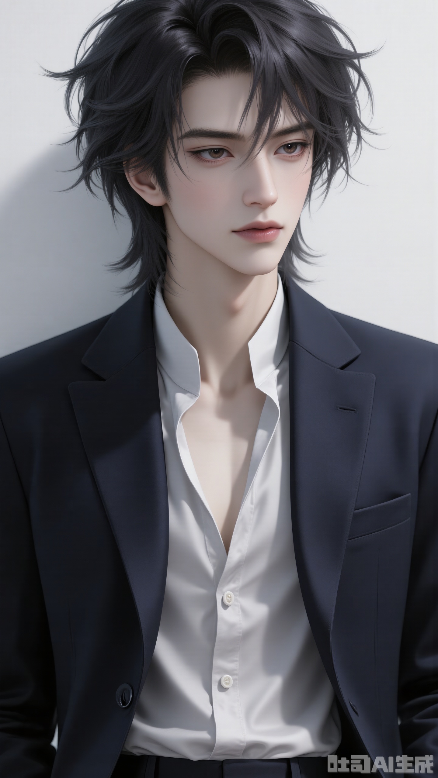 Close - up of the upper body. A super exquisite boy! He should have that Korean - style handsome guy vibe. His hair is jet - black, short and slightly fluffy, with natural texture and luster, looking smooth and stylish. The facial features should be delicate, and the skin should be fair and clean, like having a built - in skin retouch. The eyes are of a gentle light color, with a faint look, and the lip color is naturally on the lighter side.
 
For the outfit, choose a style that’s formal yet relaxed! Wear a dark - colored suit, and pair it with a white shirt inside. Don’t button it all the way up; leave it slightly open to show a bit of the chest, looking casual and stylish. The background should be simple and clean, like a pure - colored white wall. The lighting is soft, making the character stand out more. The overall picture should be delicate and textured, like the atmosphere of a high - quality magazine photo shoot.