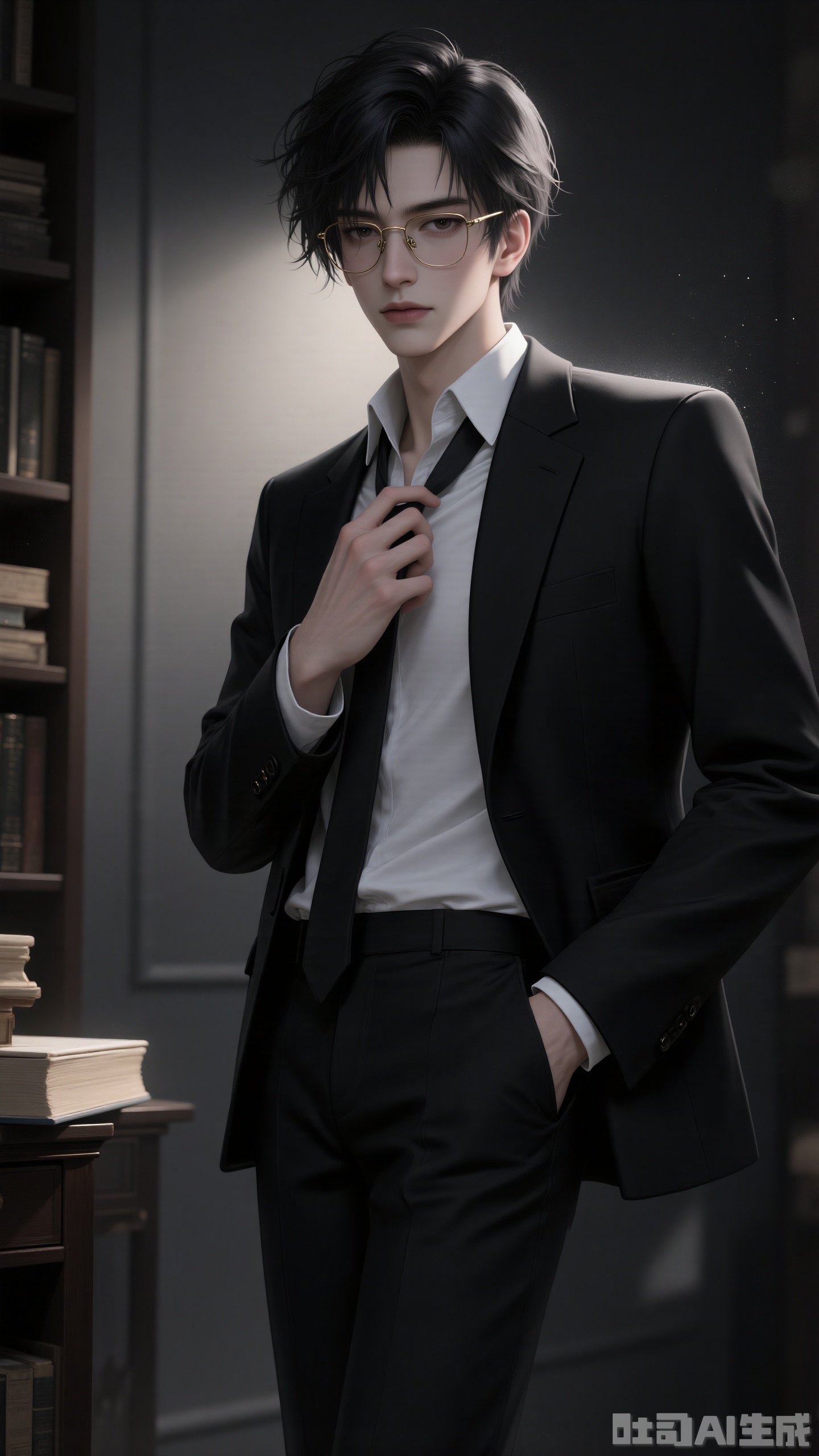 
solo

looking at viewer

short hair

shirt

black hair

long sleeves

1boy

standing

jacket

white shirt

male focus

open clothes

necktie

glasses

collared shirt

pants

indoors

black jacket

book

black pants

formal

suit

black necktie

light particles

hand in pocket

adjusting clothes

bookshelf

black suit

blinds

adjusting necktie