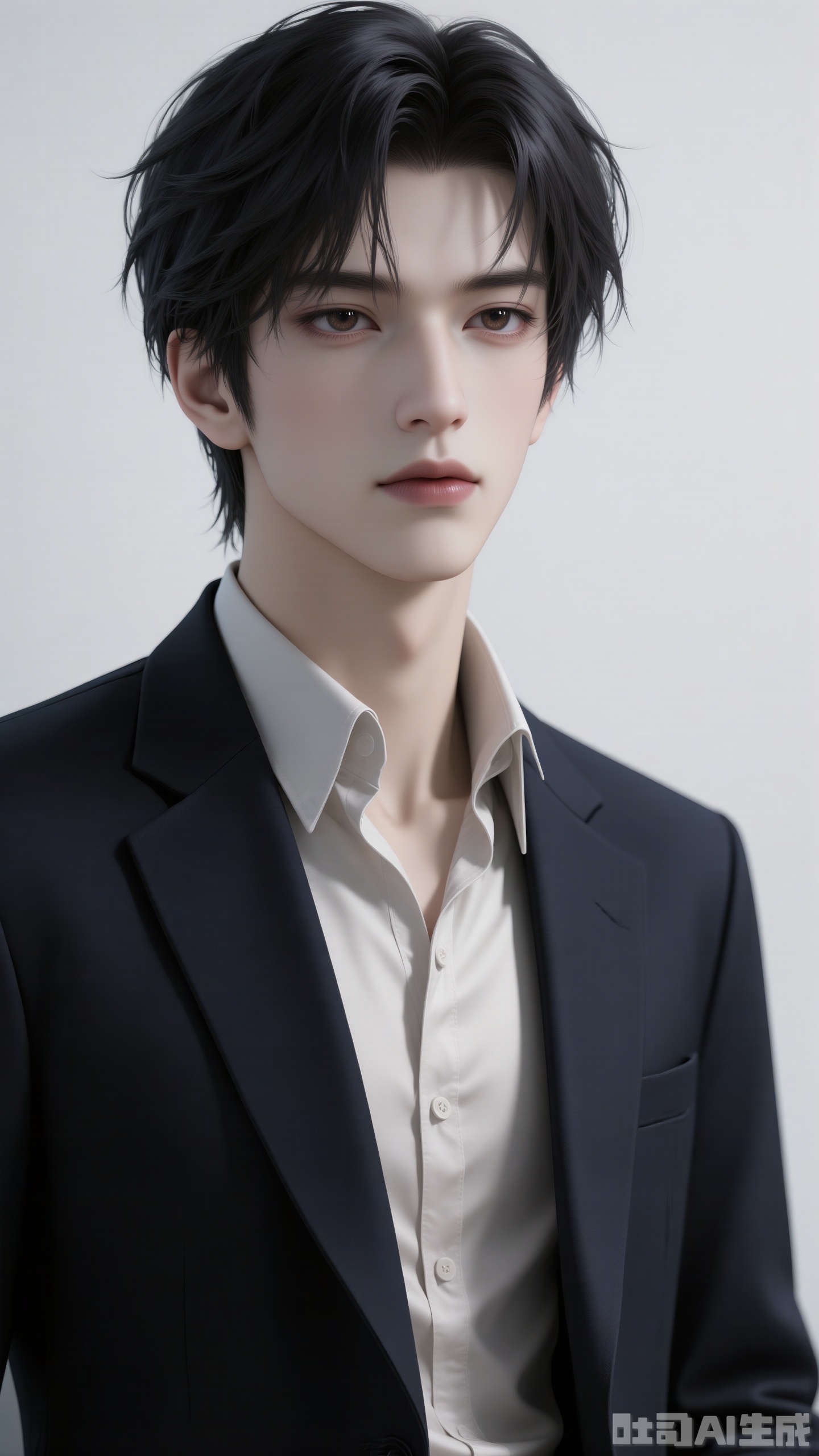 Close - up of the upper body. A super exquisite boy! He should have that Korean - style handsome guy vibe. His hair is jet - black, short and slightly fluffy, with natural texture and luster, looking smooth and stylish. The facial features should be delicate, and the skin should be fair and clean, like having a built - in skin retouch. The eyes are of a gentle light color, with a faint look, and the lip color is naturally on the lighter side.
 
For the outfit, choose a style that’s formal yet relaxed! Wear a dark - colored suit, and pair it with a white shirt inside. Don’t button it all the way up; leave it slightly open to show a bit of the chest, looking casual and stylish. The background should be simple and clean, like a pure - colored white wall. The lighting is soft, making the character stand out more. The overall picture should be delicate and textured, like the atmosphere of a high - quality magazine photo shoot.,1boy