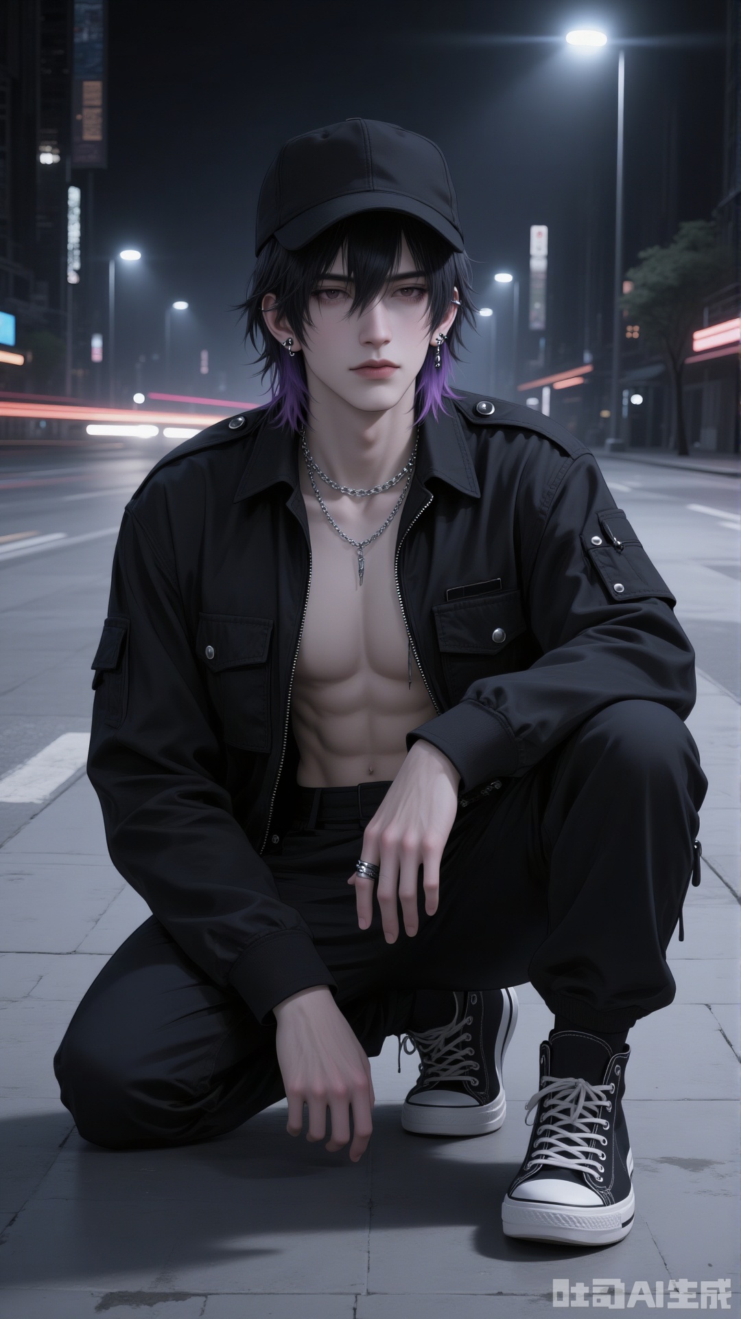 solo looking at viewer black hair long sleeves 1boy hat hair between eyes jewelry closed mouth jacket full body purple hai...