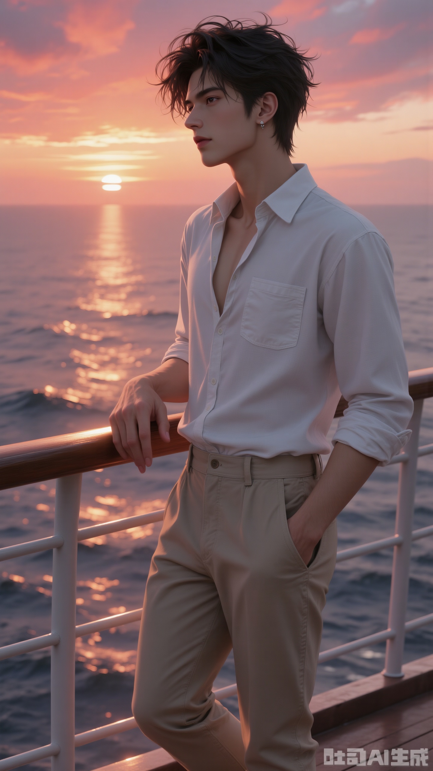 A super atmospheric handsome guy! He should be a guy with exquisite features and an amazing side profile. His hair is short, black, a bit messy but stylish, and he wears a simple small silver earring in his ear. He’s wearing a loose white shirt, not buttoned all the way up, but slightly open, looking casual and good - looking. For the bottom, he pairs it with a pair of khaki casual pants, and the pants have a neat cut.
 
The scene is set on the deck of a cruise ship, with a super beautiful sunset sea view in the background! The sky should have a pink - orange gradient sunset glow, and the sun is almost setting below the horizon. The sea surface is gilded by the setting sun, glistening with ripples. The overall color tone of the picture is warm, like a romantic shot in a movie. The details should be painted delicately, and the skin and clothing textures should look realistic.