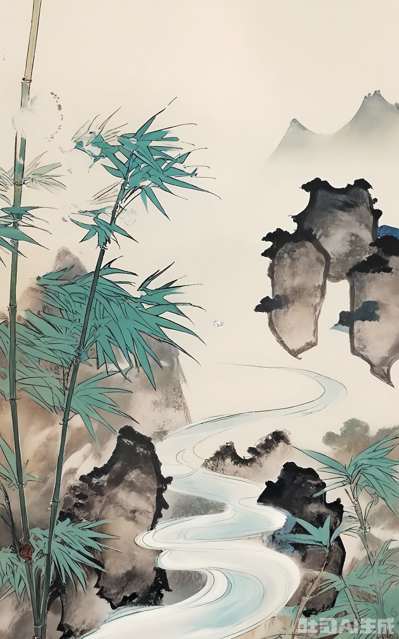 GBZS, A serene Chinese fine-brush decorative painting of a mountain landscape with a winding path leading through a bamboo grove. The mountains are depicted with soft, rolling contours in shades of blue and gray, while the bamboo is painted with thin, elongated strokes in green and brown. The path is a subtle, winding line that draws the viewer's eye into the scene. The background is a pale, misty tone, creating a sense of distance and tranquility. The painting adheres to traditional East Asian decorative styles, with a focus on capturing the essence of nature.

