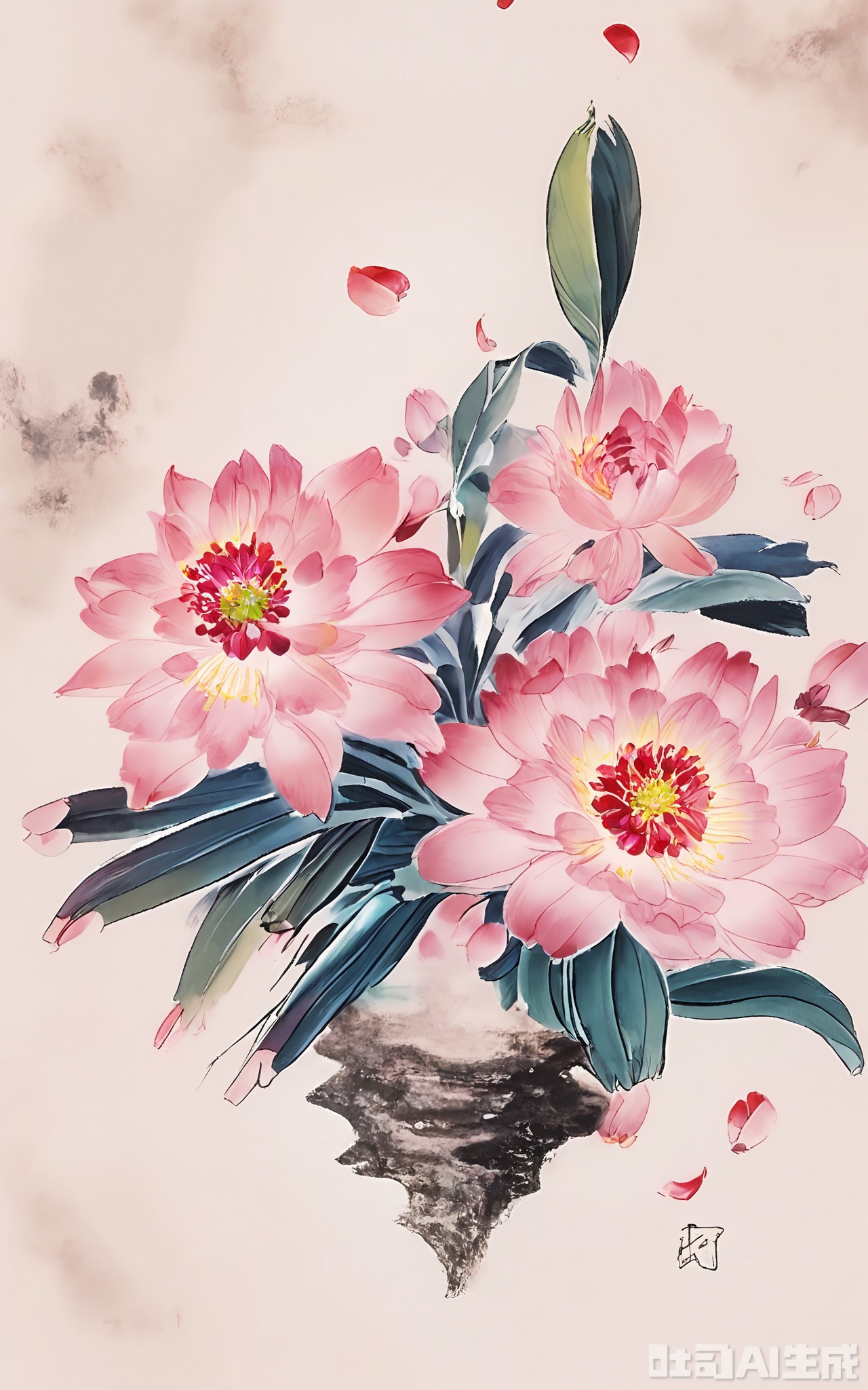 GBZS, A meticulous Chinese fine-brush decorative painting of blooming peonies, with layered, ruffled petals in shades of pink and red. The peonies are lush and full, set against a subtle, muted background that enhances their vibrancy. The painting follows traditional East Asian decorative techniques, with precise brushstrokes and gentle color transitions. The flowers are positioned in the upper right corner, cascading downwards gracefully. The overall composition is refined and harmonious, emphasizing floral elegance and grace.

