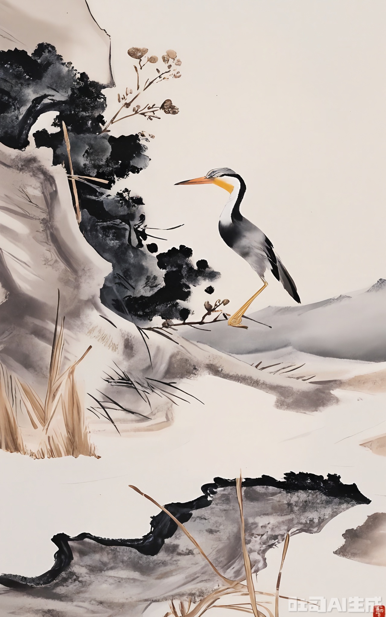 GBZS, A refined Chinese fine-brush decorative painting of a solitary heron standing on one leg amidst a marshy landscape. The heron's body is painted in shades of white and gray, with a long, pointed beak. The marsh is depicted with subtle textures and muted colors, suggesting a damp, tranquil environment. The background is a soft, bluish-gray, enhancing the sense of calm. The painting follows traditional East Asian decorative principles, with a focus on simplicity and elegance. The heron is positioned slightly to the left, creating a balanced composition.

