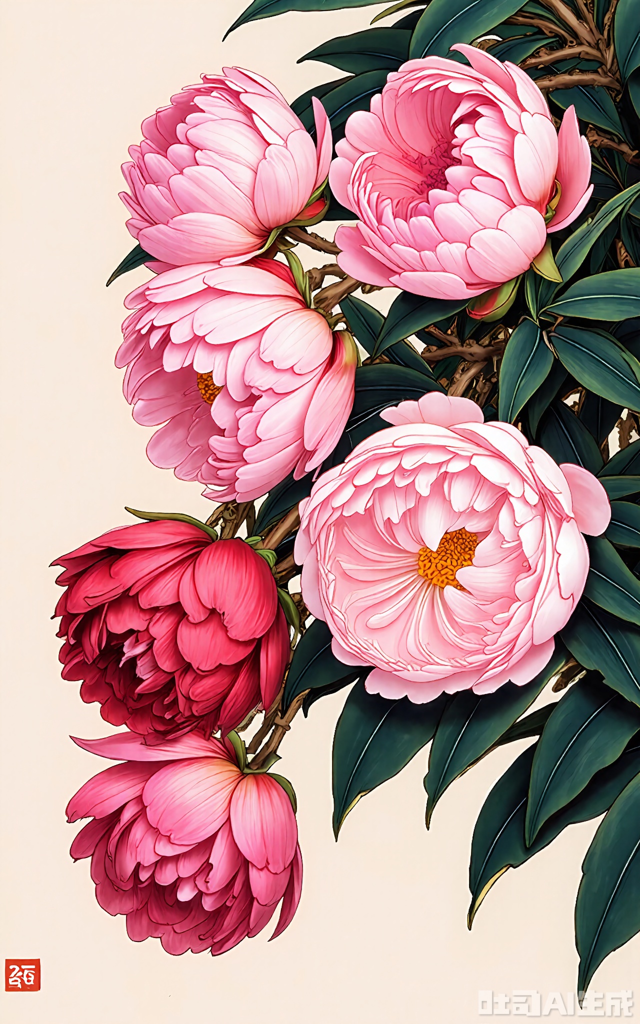 GBZS, A meticulous Chinese fine-brush decorative painting of blooming peonies, with layered, ruffled petals in shades of pink and red. The peonies are lush and full, set against a subtle, muted background that enhances their vibrancy. The painting follows traditional East Asian decorative techniques, with precise brushstrokes and gentle color transitions. The flowers are positioned in the upper right corner, cascading downwards gracefully. The overall composition is refined and harmonious, emphasizing floral elegance and grace.
