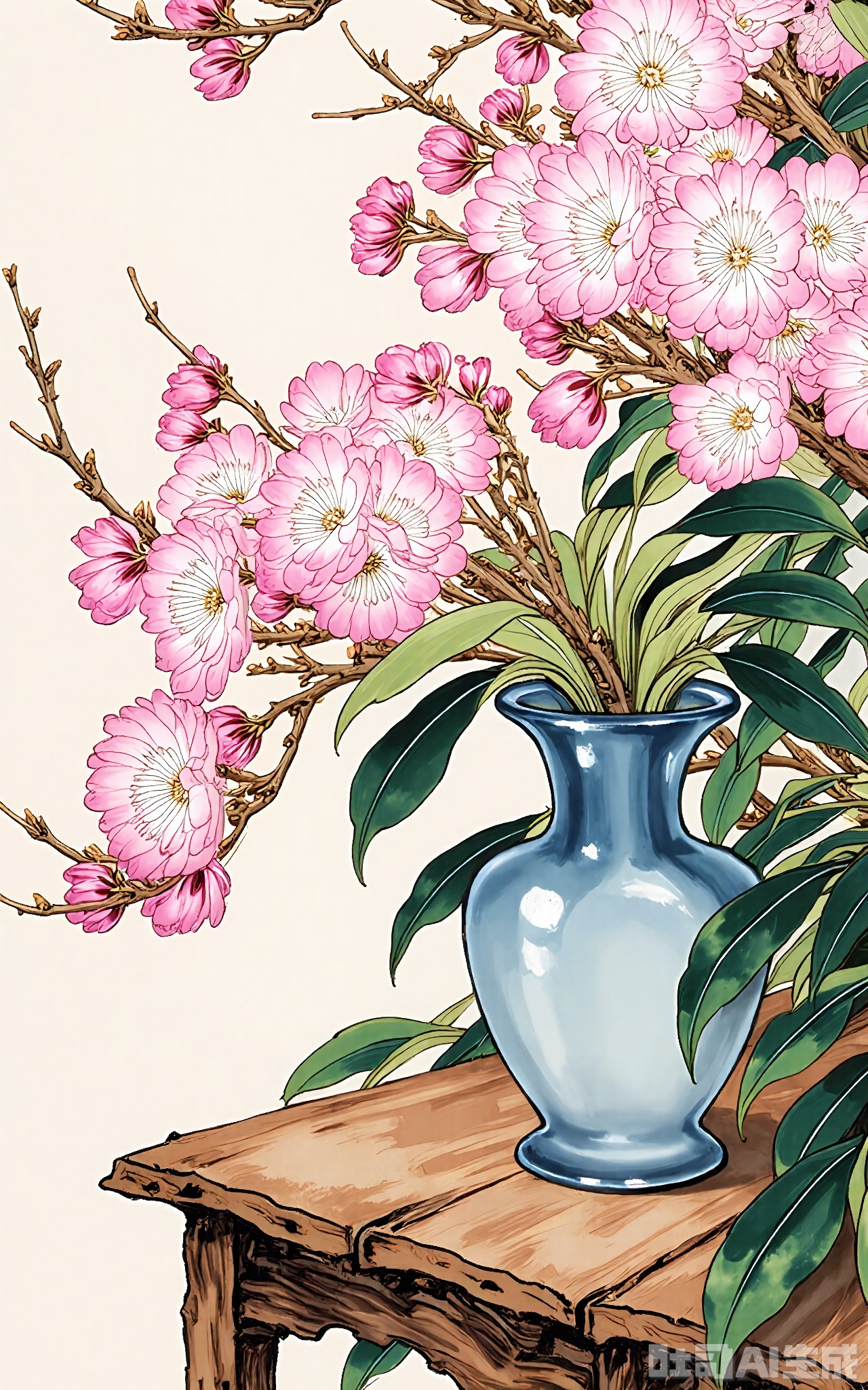 GBZS, An elegant Chinese fine-brush decorative piece showcasing a vase of plum blossoms on a wooden table. The blossoms are painted with delicate pink petals and green stems, while the vase is a simple, elegant shape in a soft blue-gray. The table is depicted with subtle textures and warm brown tones, suggesting wood grain. The background is a plain, pale wall, allowing the still life to take center stage. The painting employs traditional East Asian decorative techniques, with a focus on balance and harmony. The vase is positioned slightly off-center, creating a pleasing composition.
