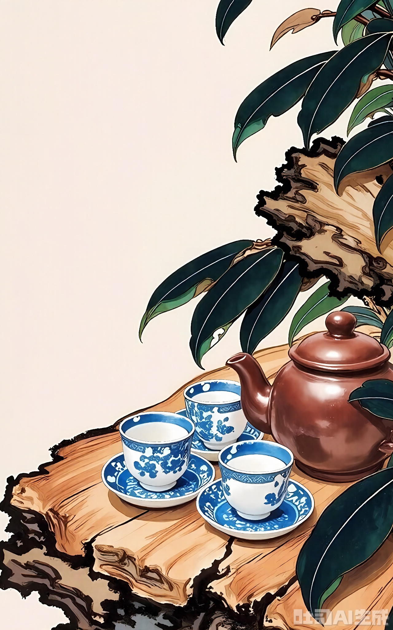 GBZS, An elegant Chinese fine-brush decorative piece showcasing a collection of traditional Chinese teacups and a teapot on a wooden tray. The teacups are painted with delicate patterns in shades of blue and white, while the teapot is a simple, elegant shape in a soft brown tone. The wooden tray is depicted with subtle textures and warm brown colors, suggesting wood grain. The background is a plain, pale wall, allowing the tea set to take center stage. The painting employs traditional East Asian decorative techniques, with a focus on showcasing cultural artifacts. The tea set is arranged in a balanced composition, creating a sense of harmony.
