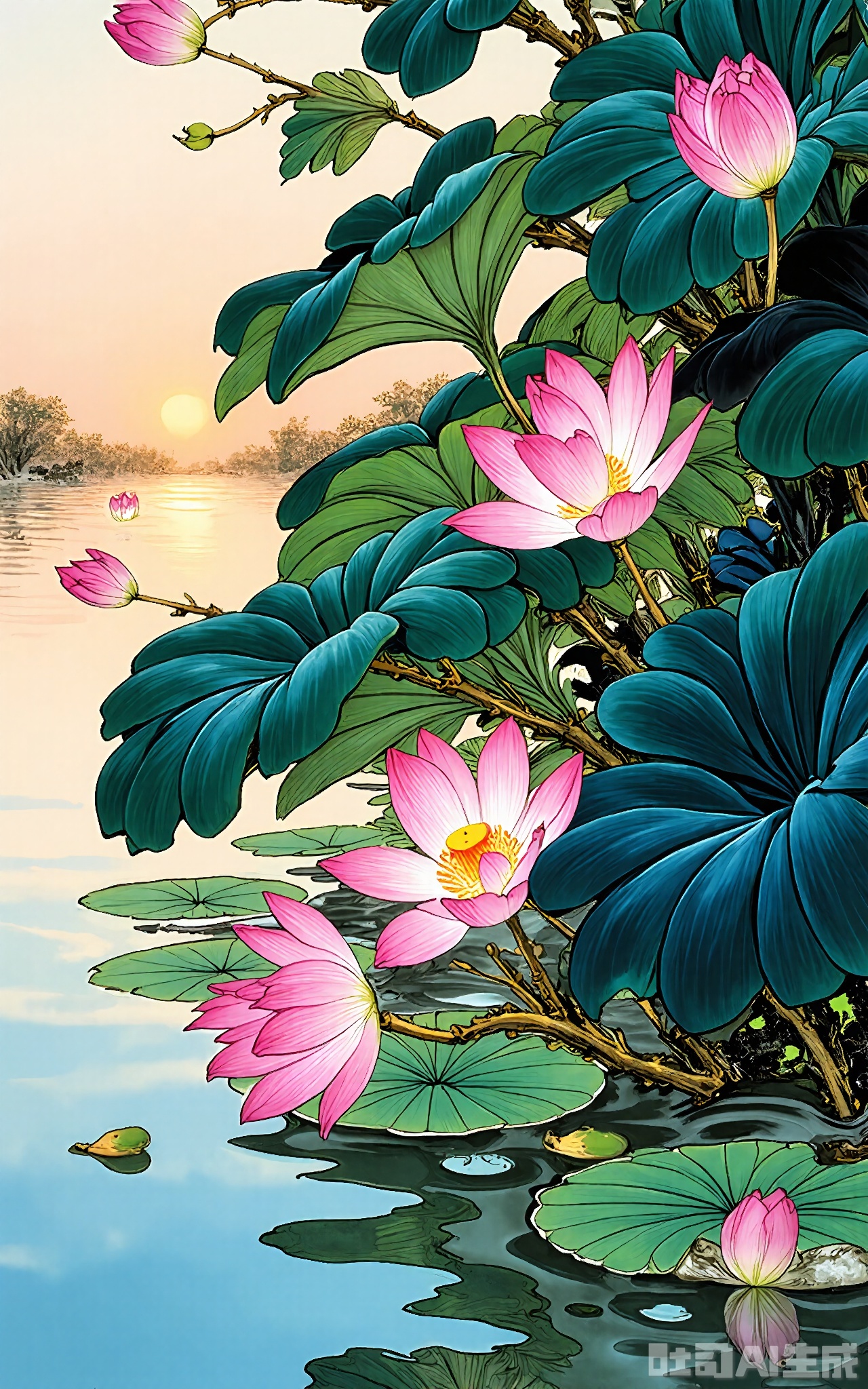 GBZS, A tranquil Chinese fine-brush decorative painting of a lotus pond at dawn, with the first rays of sunlight illuminating the scene. The lotus flowers are painted with delicate pink petals and green leaves, floating on the water's surface. The water is depicted with gentle washes of blue and green, with reflections of the flowers adding depth. The background is a soft, pale orange, suggesting the warm glow of sunrise. The painting adheres to traditional East Asian decorative styles, with a focus on capturing the beauty of nature at a specific moment.
